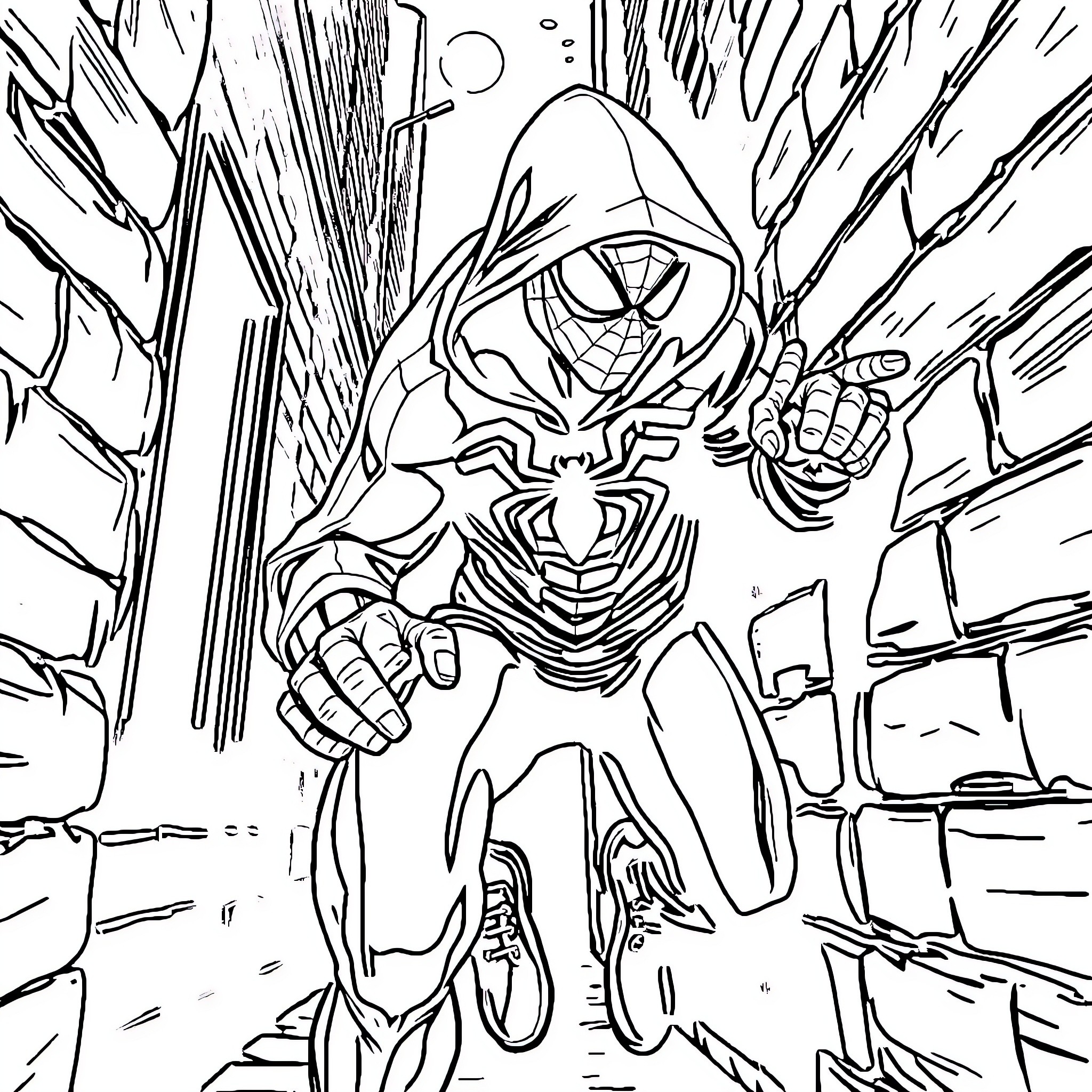 Spiderman swinging into action in a dark alley Coloring Page (free black-and-white line drawing printable PDF for all, from beginners to advanced learners, including children, teens, adults, and seniors)