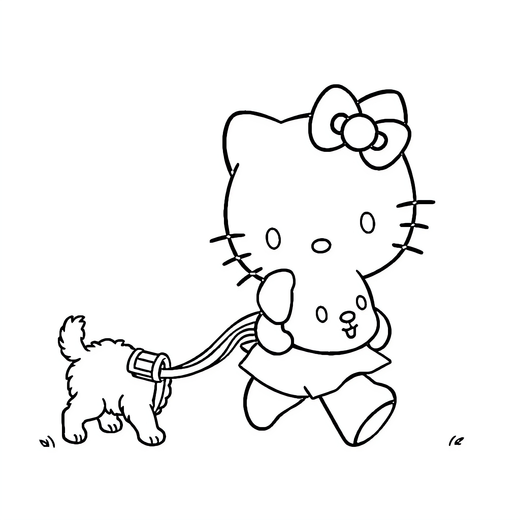 Hello Kitty walking a puppy Coloring Page (free black-and-white line drawing printable PDF for all, from beginners to advanced learners, including children, teens, adults, and seniors)