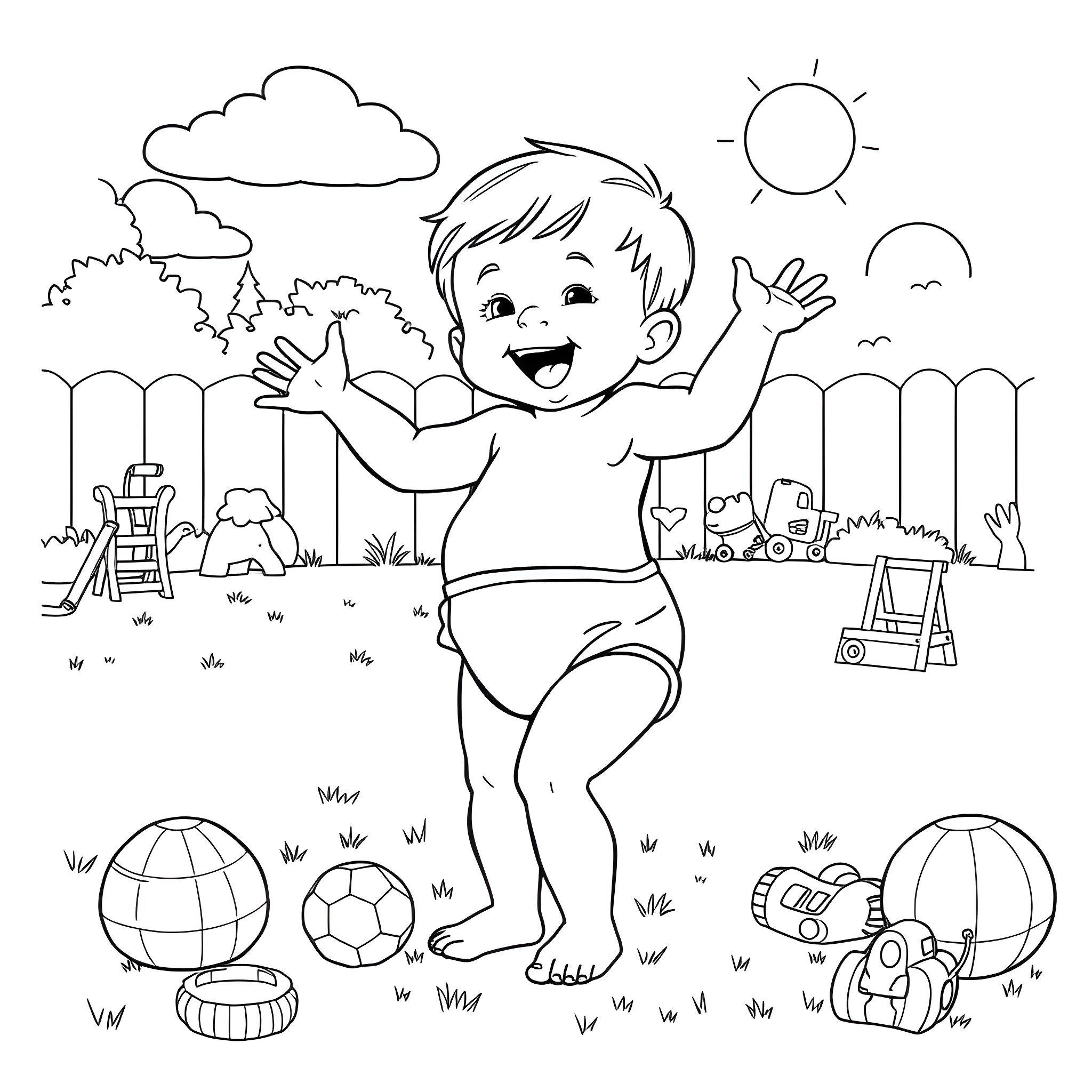Man playing happily with toys in the park Coloring Page (free black-and-white line drawing printable PDF for all, from beginners to advanced learners, including children, teens, adults, and seniors)