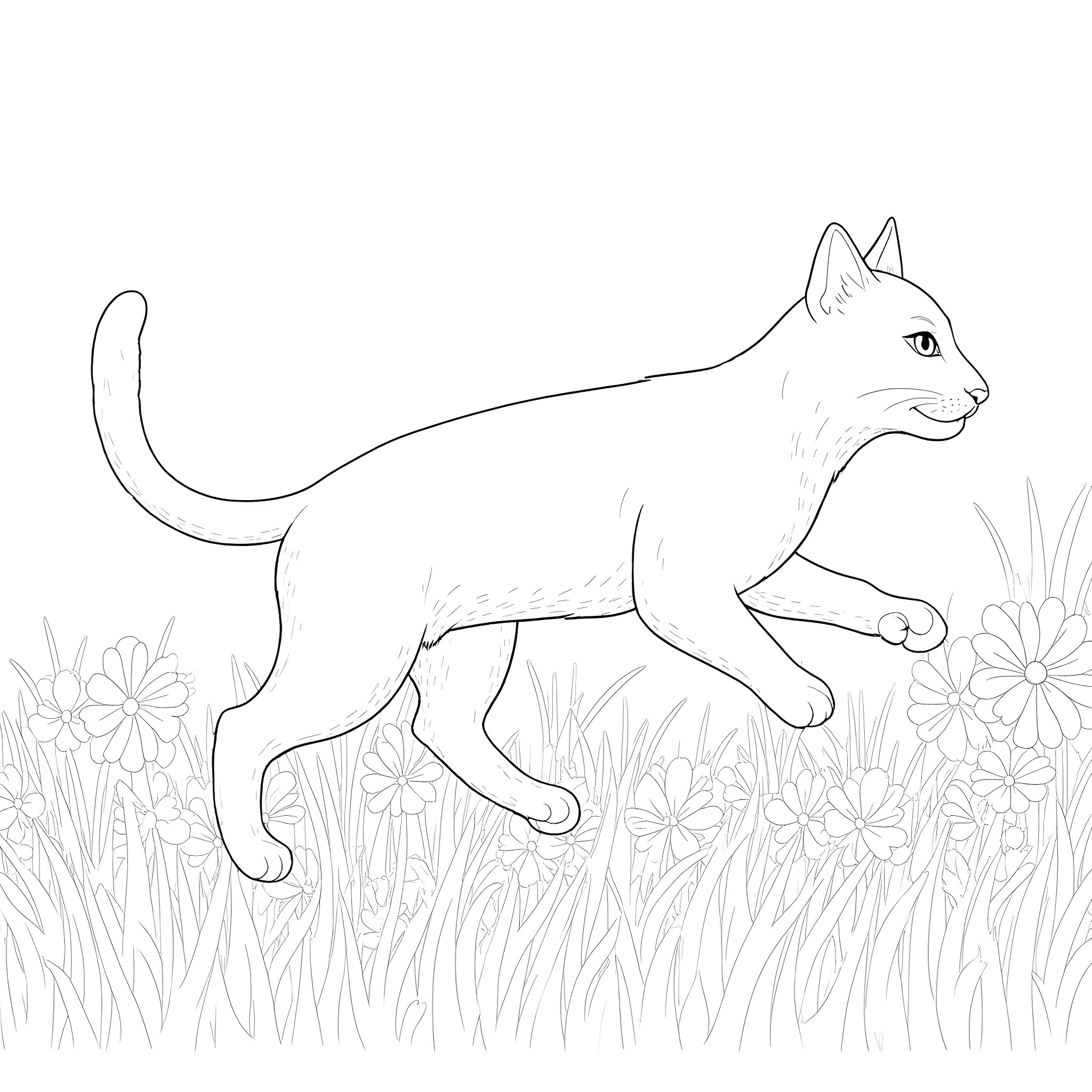 Cat exploring the floral field Coloring Page (free black-and-white line drawing printable PDF for all, from beginners to advanced learners, including children, teens, adults, and seniors)