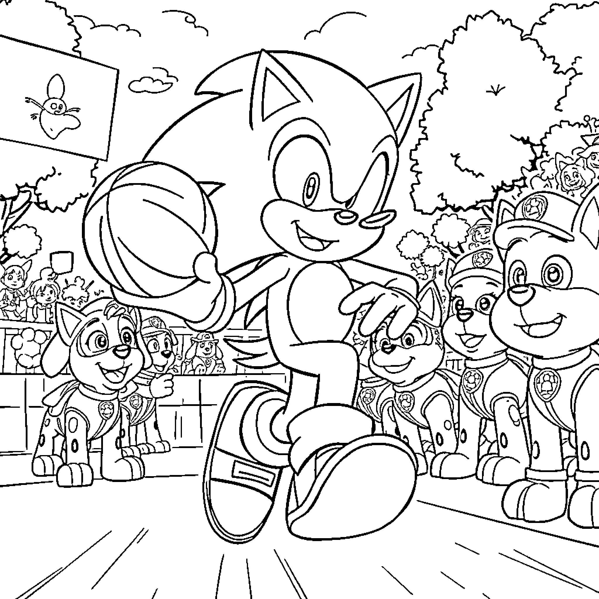 Sonic and friends in an animated scene Coloring Page (free black-and-white line drawing printable PDF for all, from beginners to advanced learners, including children, teens, adults, and seniors)