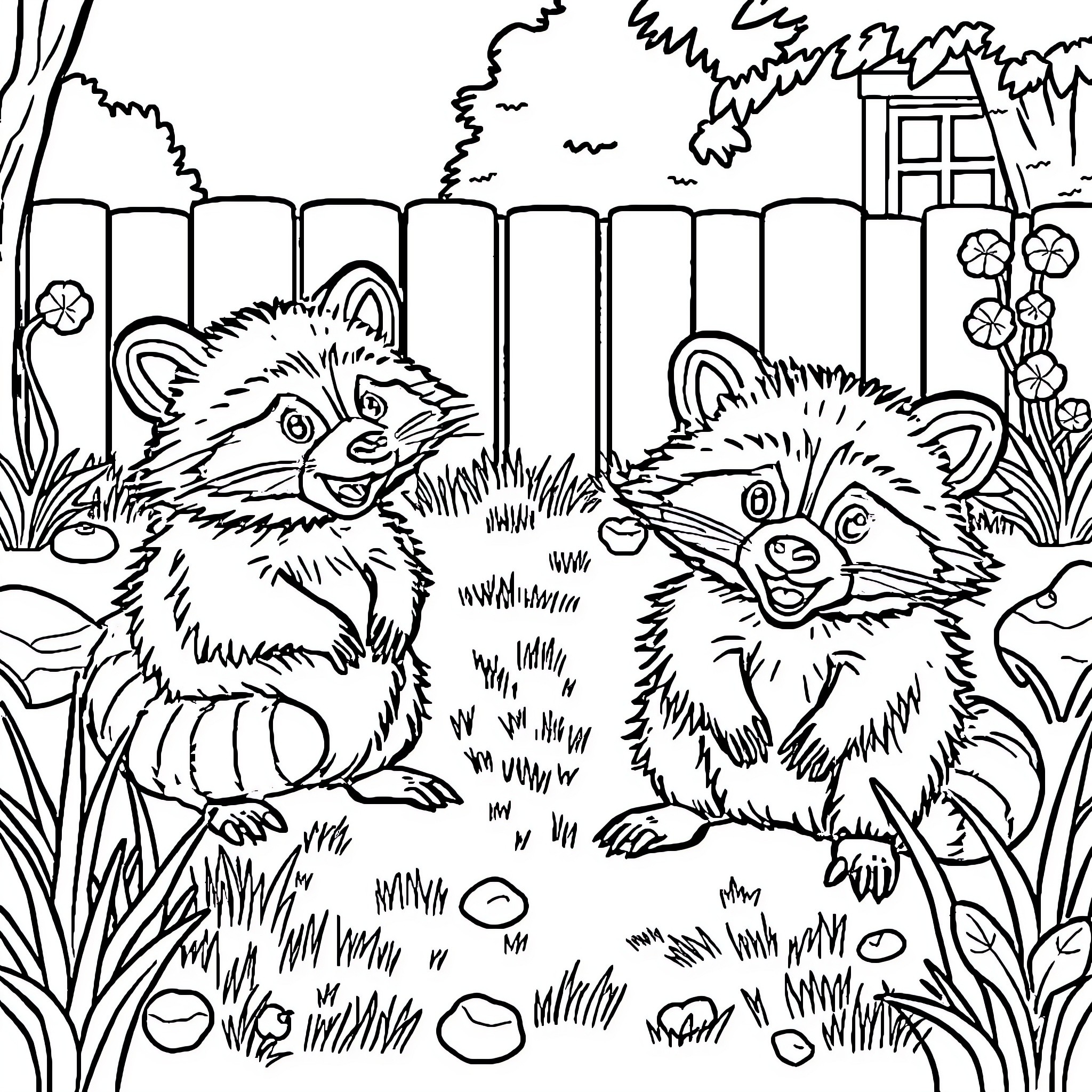 Raccoon friends exploring the garden Coloring Page (free black-and-white line drawing printable PDF for all, from beginners to advanced learners, including children, teens, adults, and seniors)