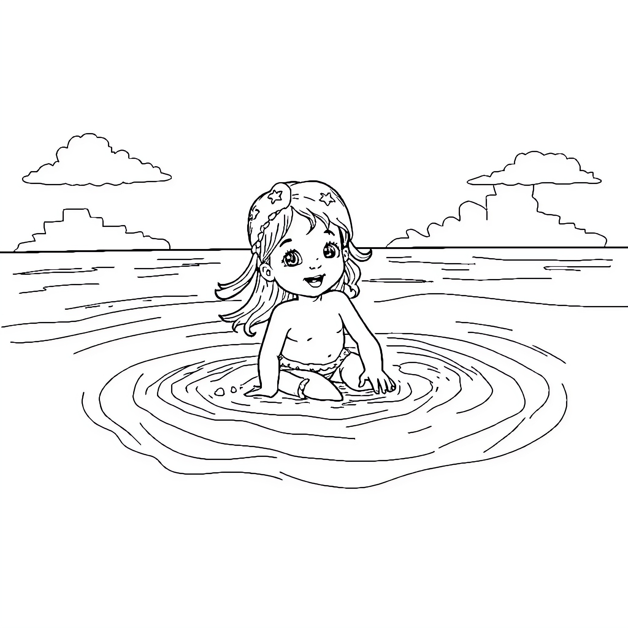 Nina playing joyfully in the lake Coloring Page (free black-and-white line drawing printable PDF for all, from beginners to advanced learners, including children, teens, adults, and seniors)