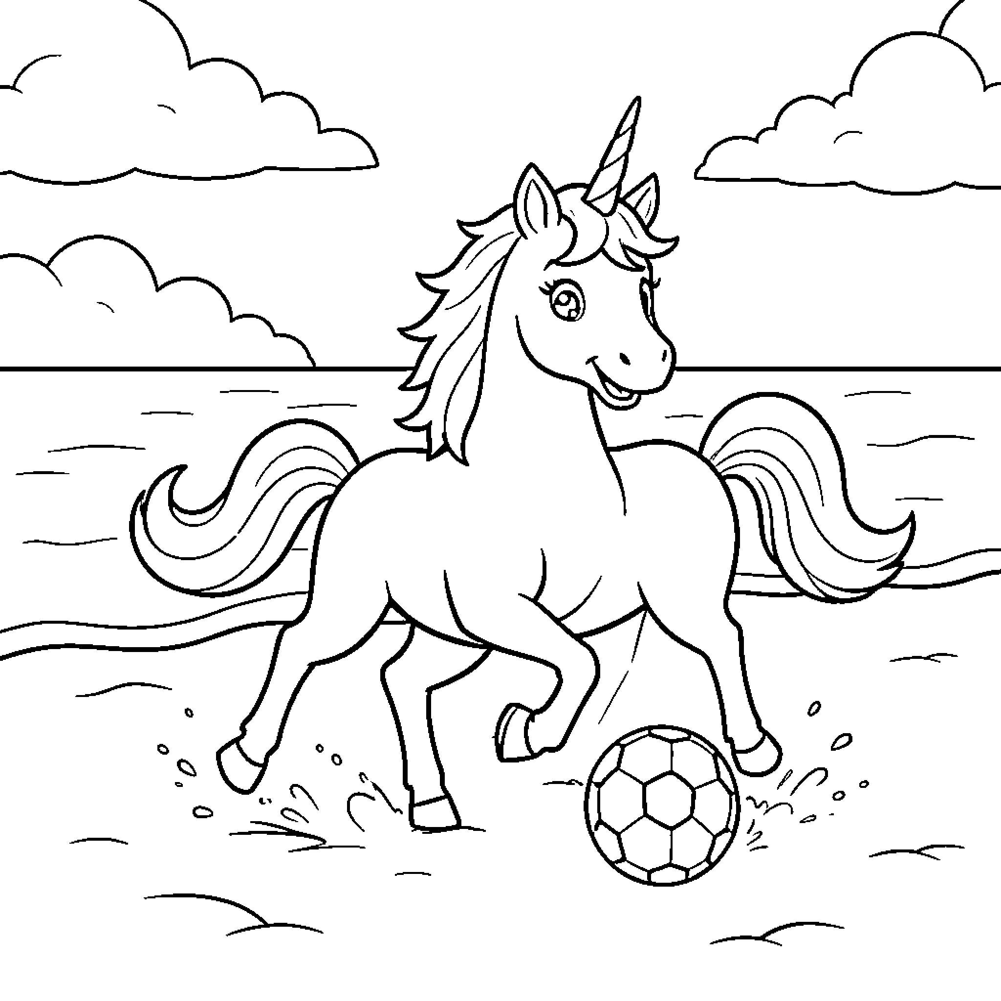 Unicorn playing soccer on the beach Coloring Page (free black-and-white line drawing printable PDF for all, from beginners to advanced learners, including children, teens, adults, and seniors)