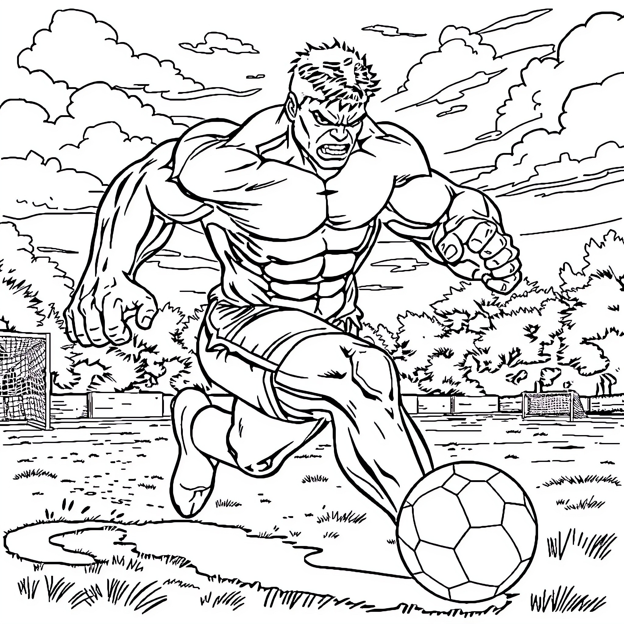 Hulk kicking a soccer ball on the field Coloring Page (free black-and-white line drawing printable PDF for all, from beginners to advanced learners, including children, teens, adults, and seniors)