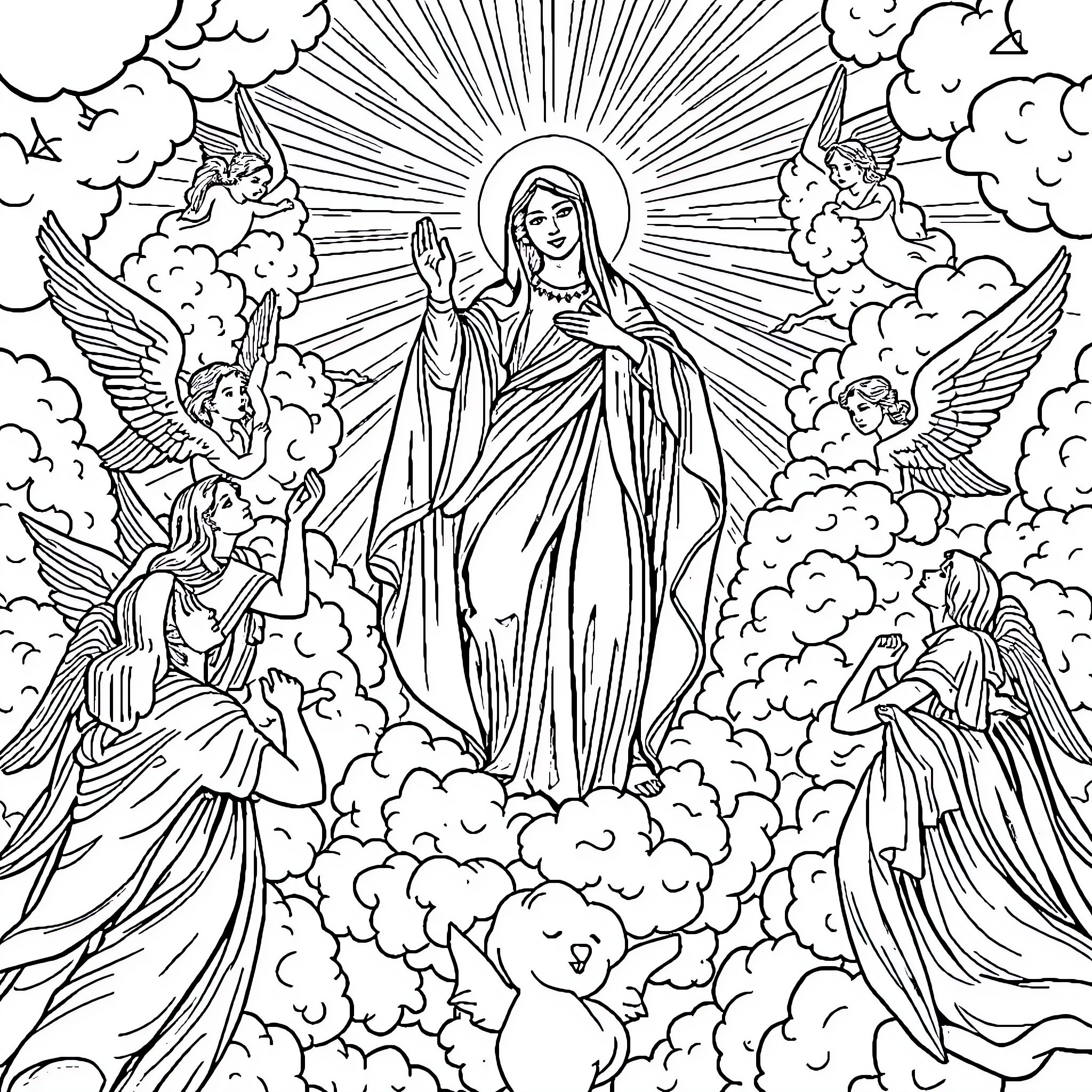 Assumption of the Blessed Virgin Mary Coloring Page (free black-and-white line drawing printable PDF for all, from beginners to advanced learners, including children, teens, adults, and seniors)