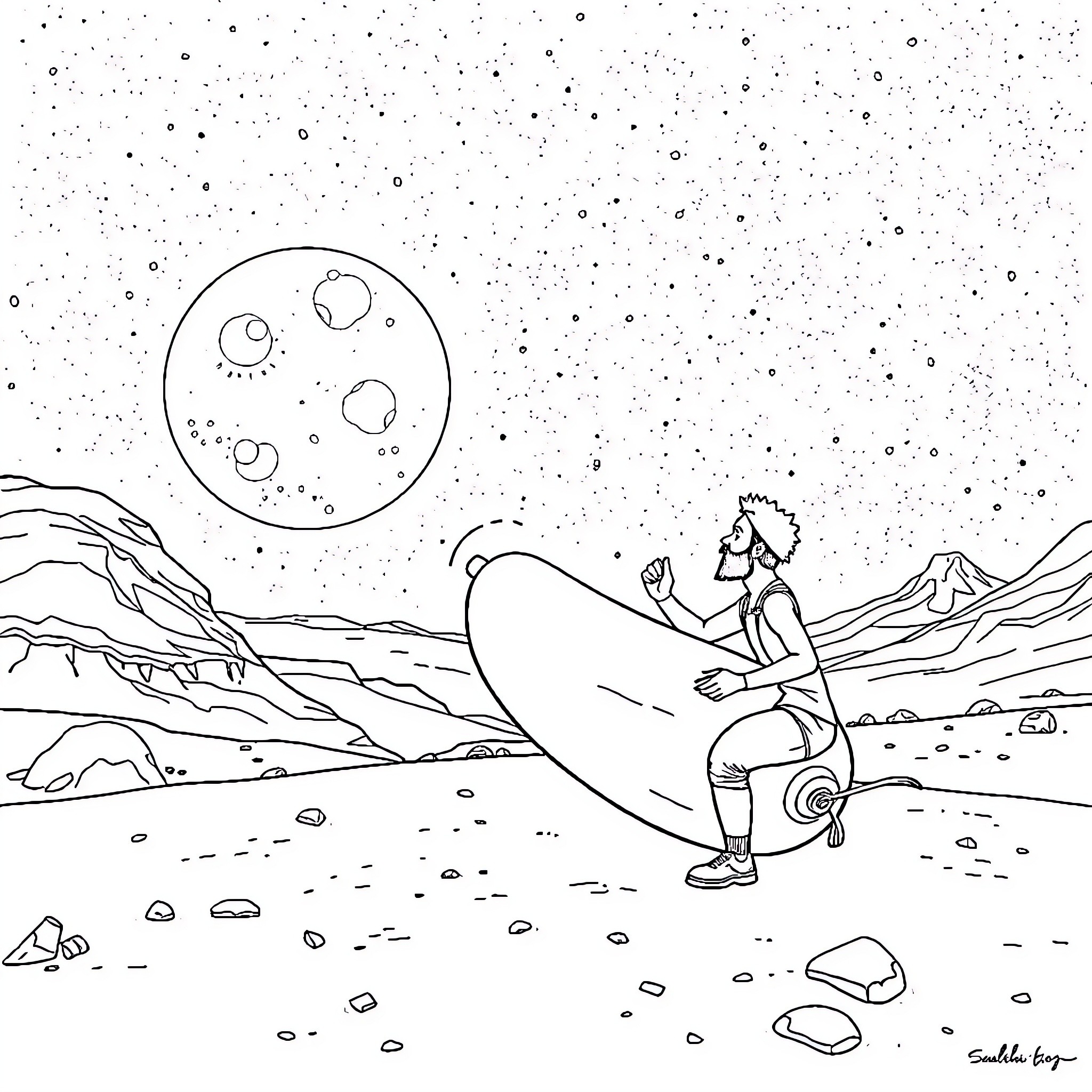 Man sitting in boat gazing at moon in night sky Coloring Page (free black-and-white line drawing printable PDF for all, from beginners to advanced learners, including children, teens, adults, and seniors)