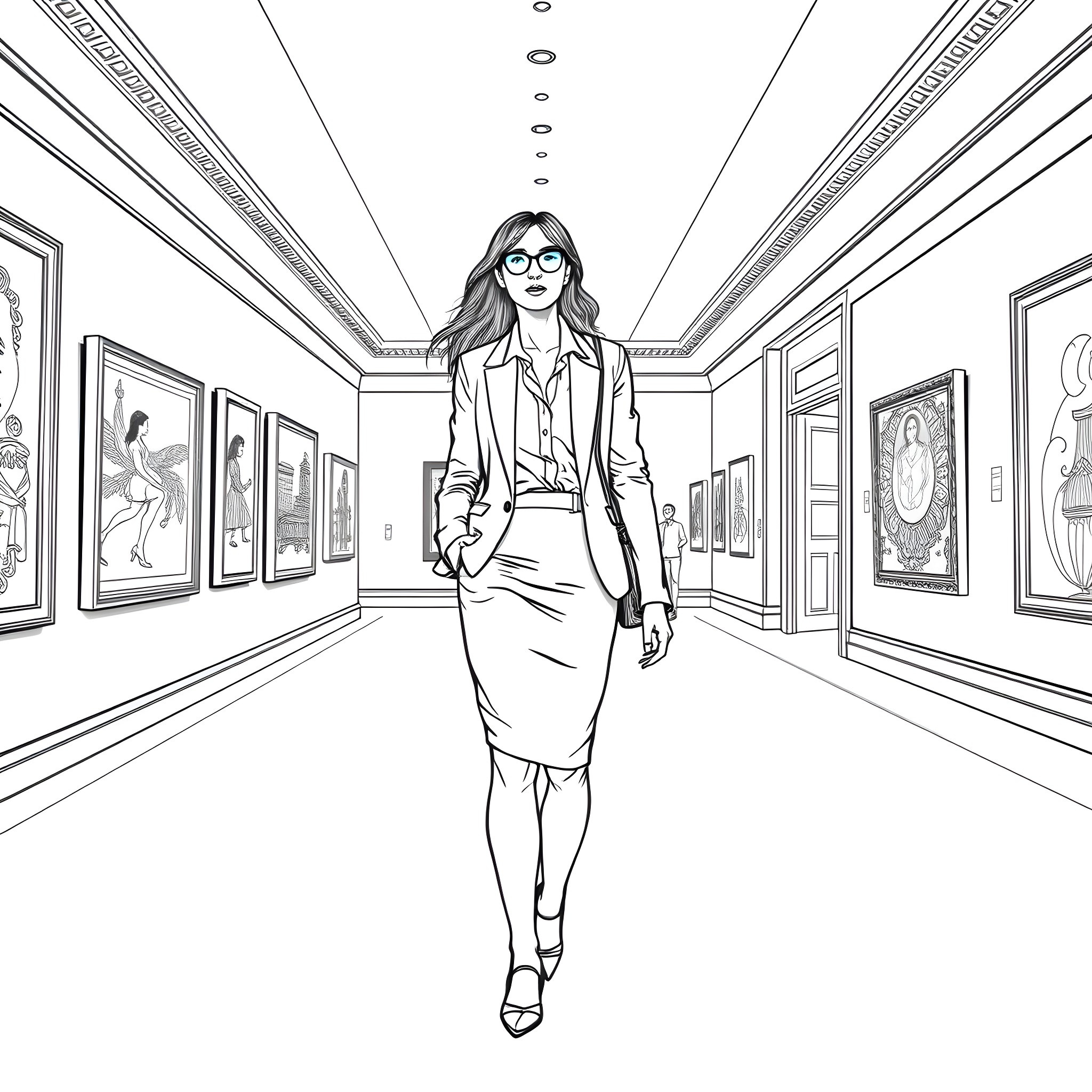 John Lennon walks confidently through art gallery Coloring Page (free black-and-white line drawing printable PDF for all, from beginners to advanced learners, including children, teens, adults, and seniors)