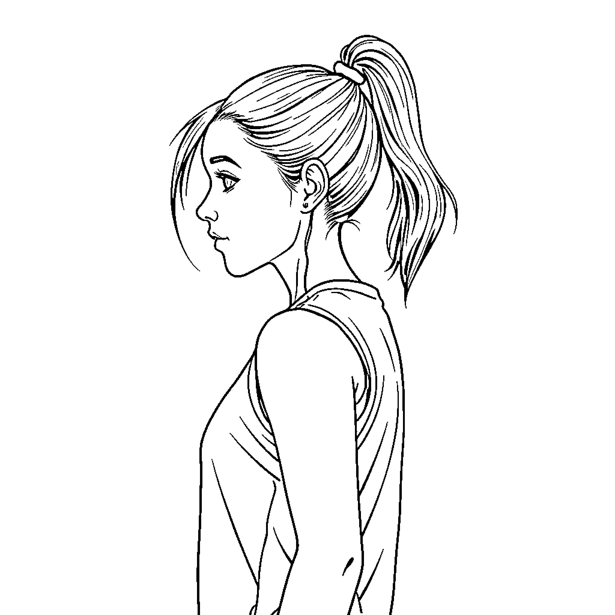 Girl with ponytail looking pensive Coloring Page (free black-and-white line drawing printable PDF for all, from beginners to advanced learners, including children, teens, adults, and seniors)