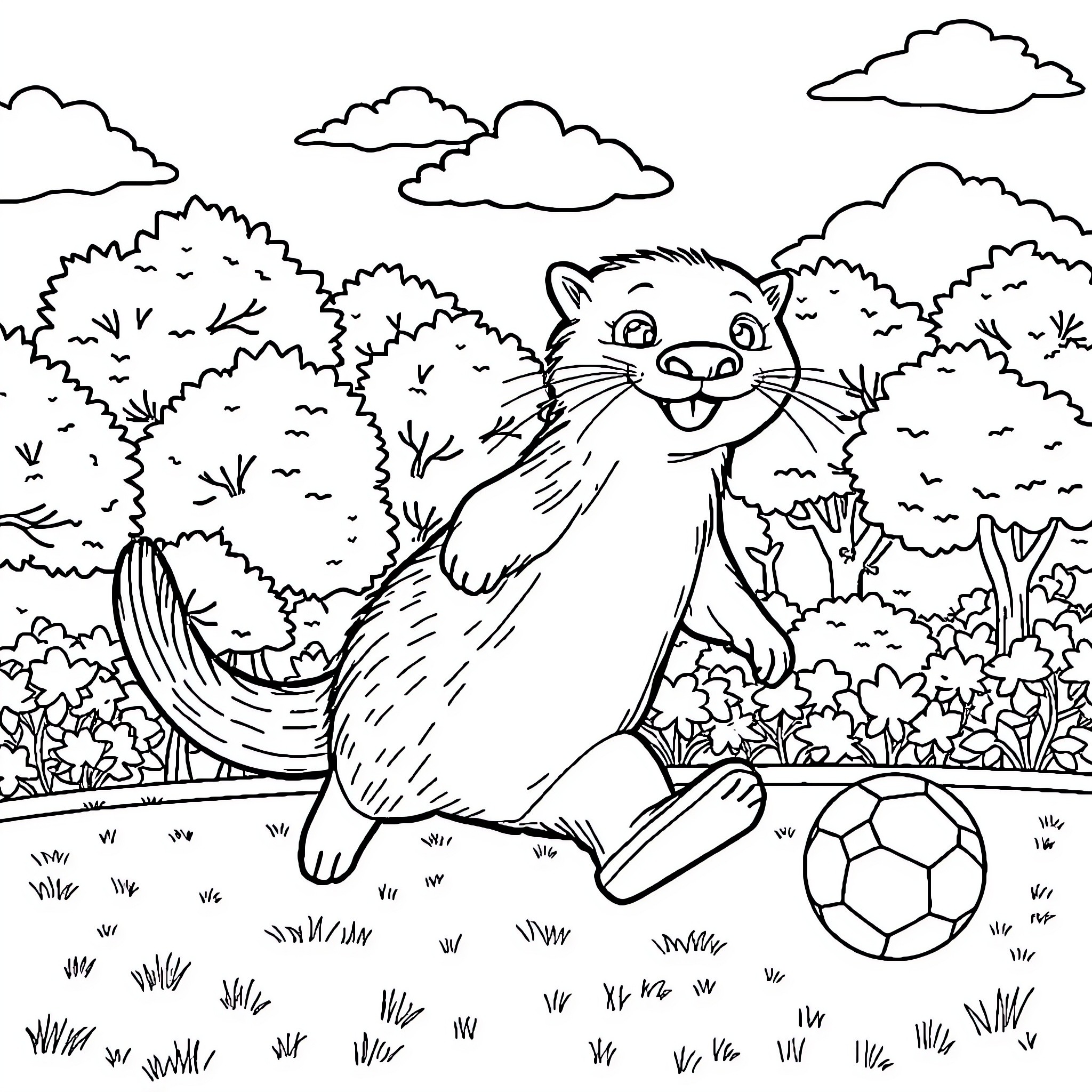 Otter playing joyfully with a soccer ball in the forest Coloring Page (free black-and-white line drawing printable PDF for all, from beginners to advanced learners, including children, teens, adults, and seniors)