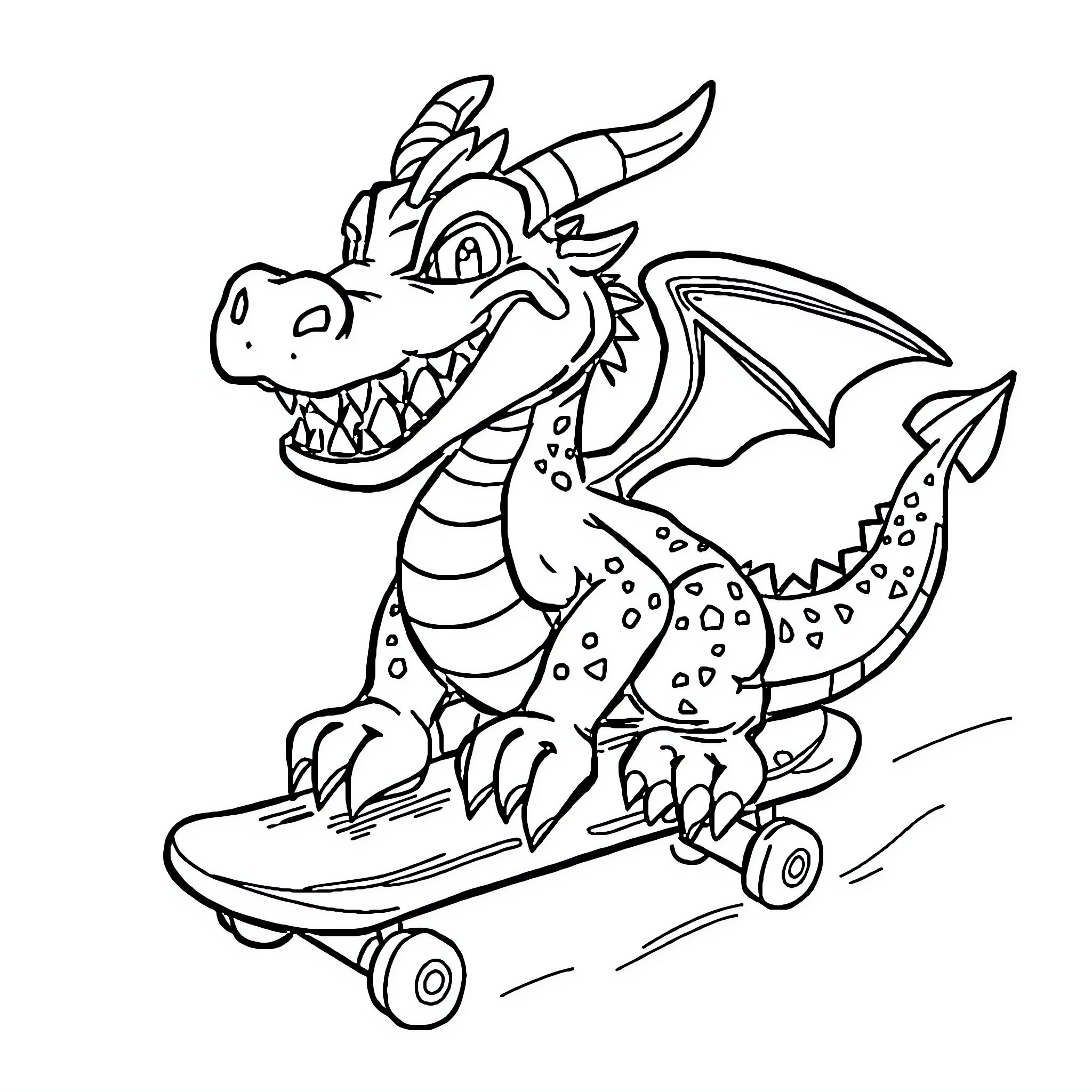 Dragon riding a skateboard with excitement Coloring Page (free black-and-white line drawing printable PDF for all, from beginners to advanced learners, including children, teens, adults, and seniors)