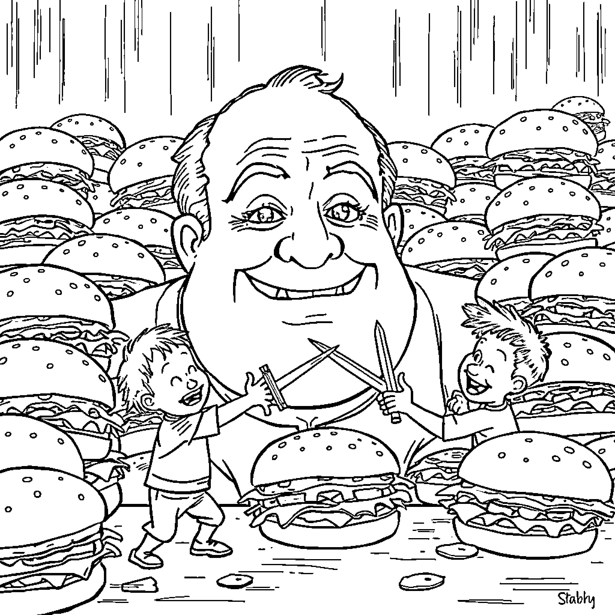Cheeseburger Feast: A Humorous Culinary Celebration Coloring Page (free black-and-white line drawing printable PDF for all, from beginners to advanced learners, including children, teens, adults, and seniors)