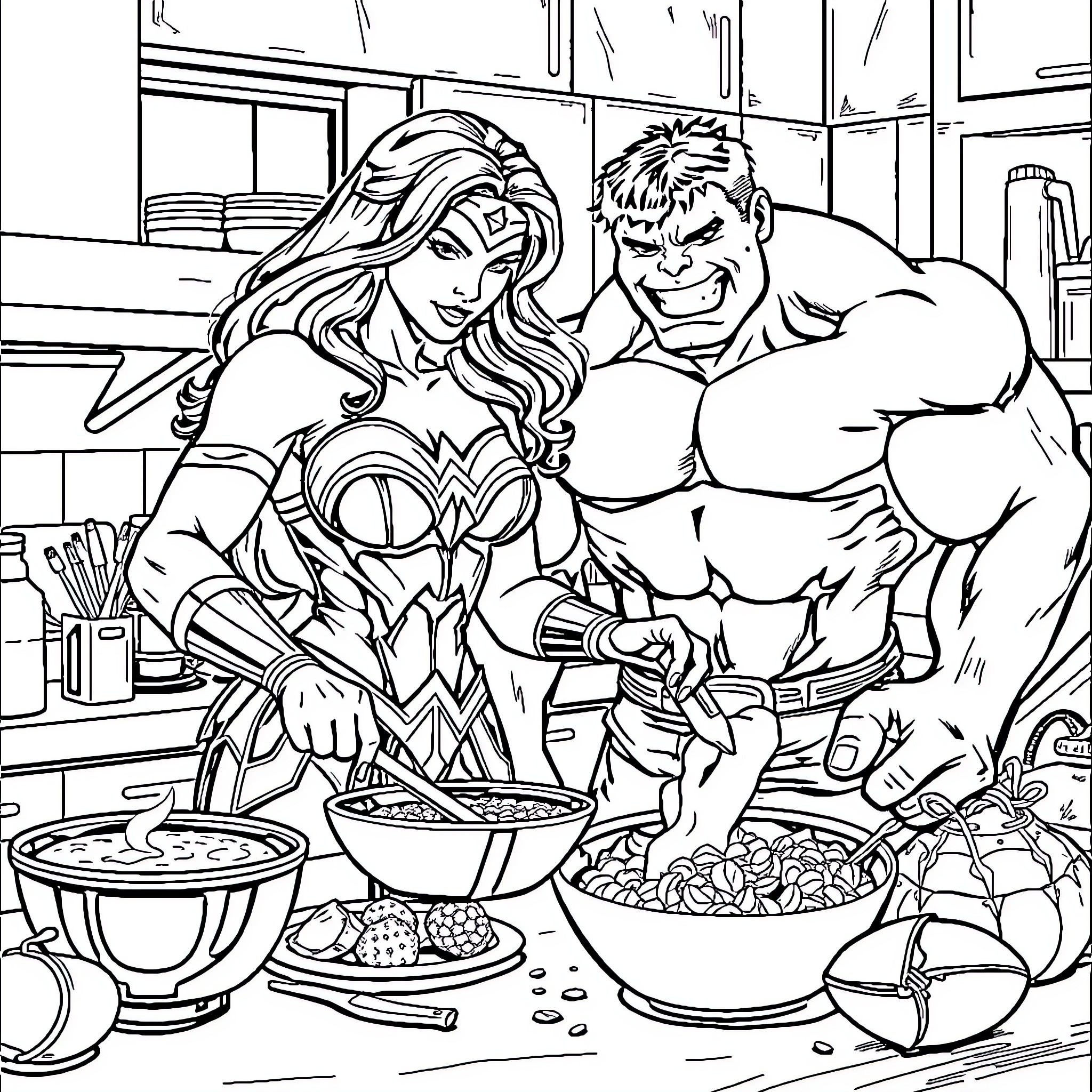 Wonder Woman and Hulk cooking together in the kitchen Coloring Page (free black-and-white line drawing printable PDF for all, from beginners to advanced learners, including children, teens, adults, and seniors)