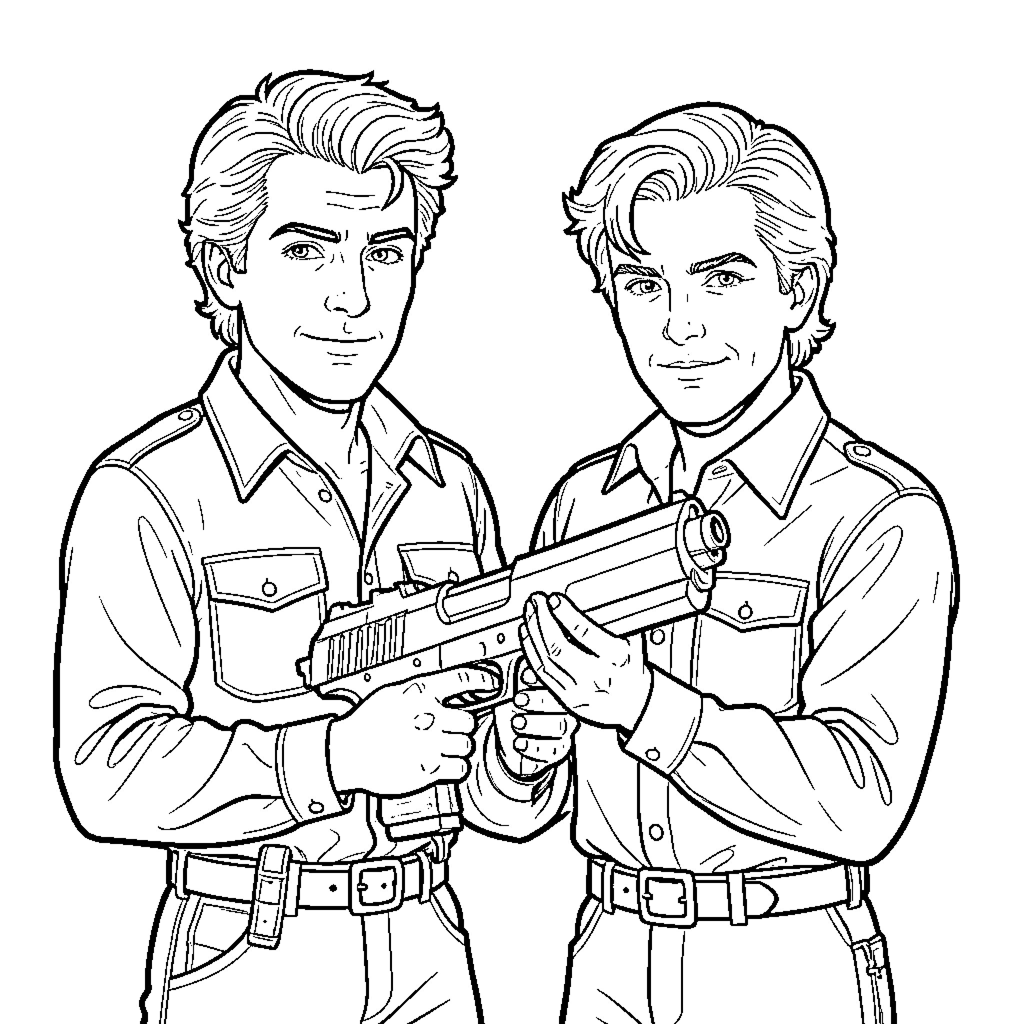 Starsky and Hutch holding a large handgun together Coloring Page (free black-and-white line drawing printable PDF for all, from beginners to advanced learners, including children, teens, adults, and seniors)