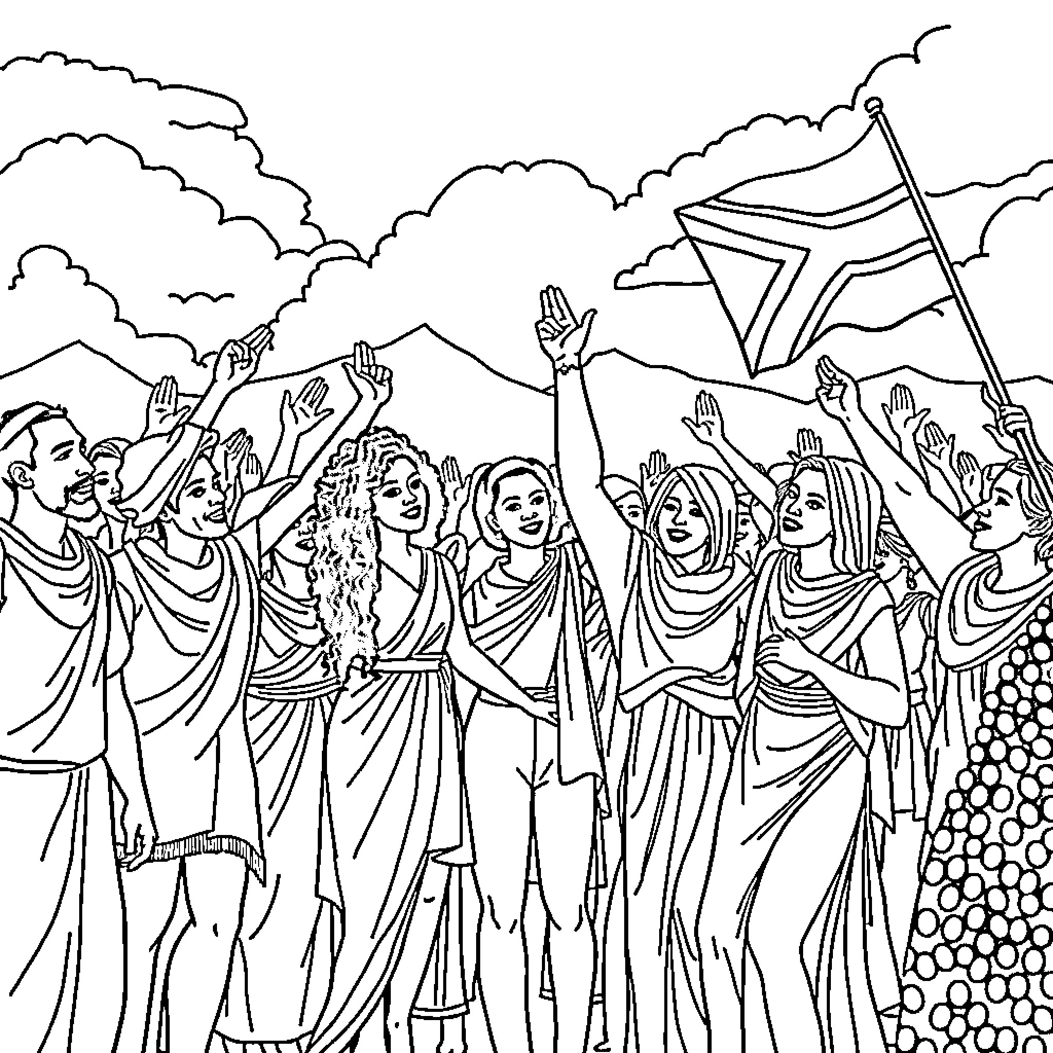 Rainbow Festival Celebration in the Mountains Coloring Page (free black-and-white line drawing printable PDF for all, from beginners to advanced learners, including children, teens, adults, and seniors)
