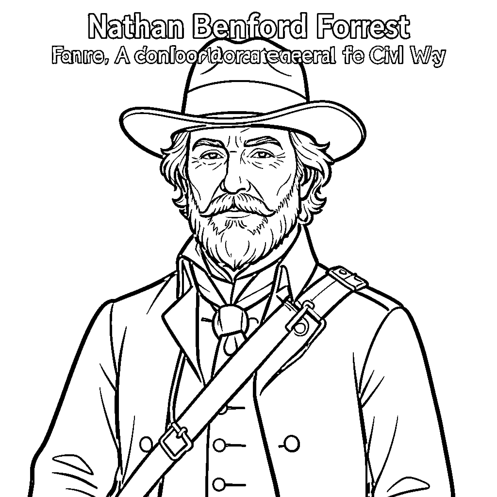Nathan Bedford Forrest, a Confederate General in military uniform Coloring Page (free black-and-white line drawing printable PDF for all, from beginners to advanced learners, including children, teens, adults, and seniors)