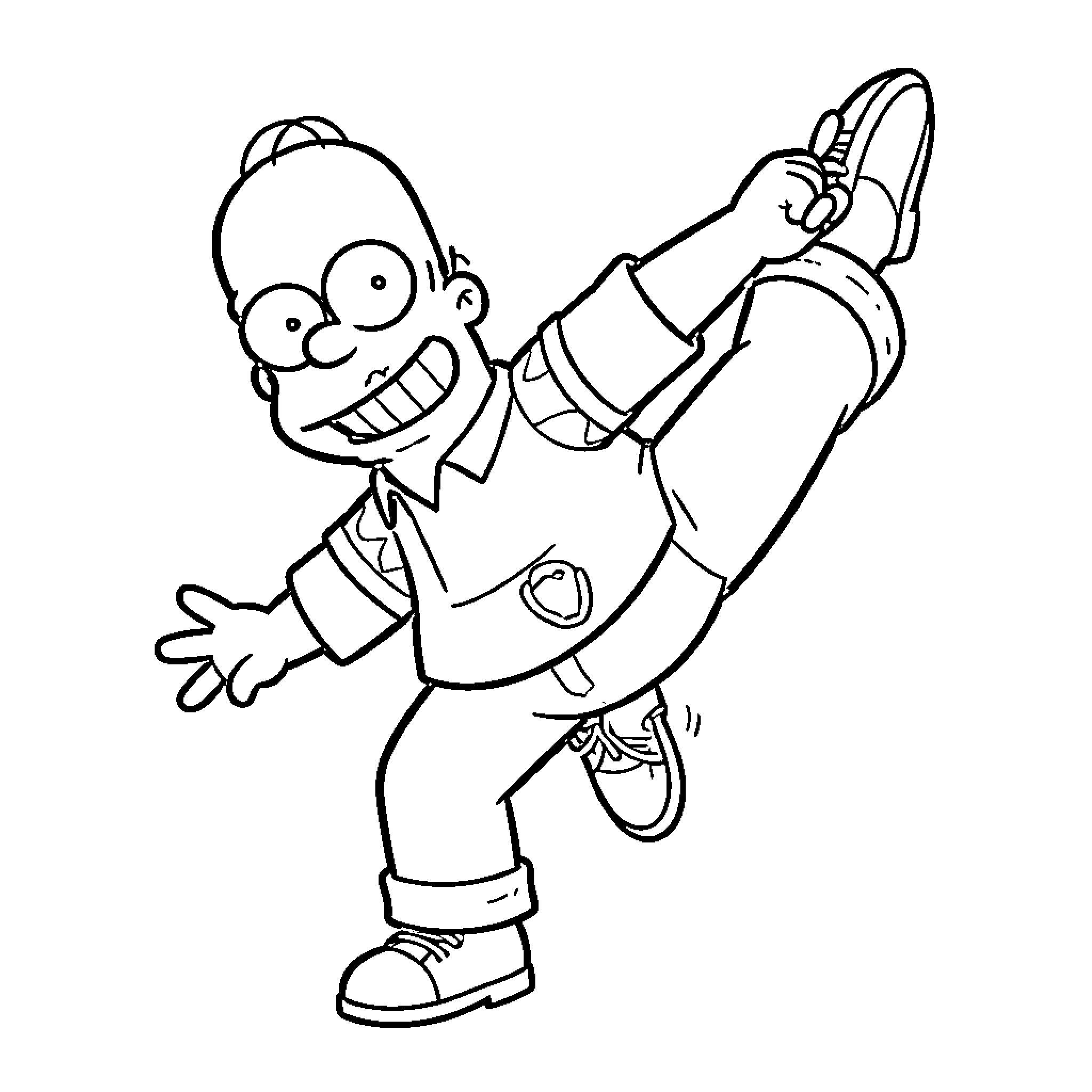 Homer Simpson singing and dancing happily Coloring Page (free black-and-white line drawing printable PDF for all, from beginners to advanced learners, including children, teens, adults, and seniors)