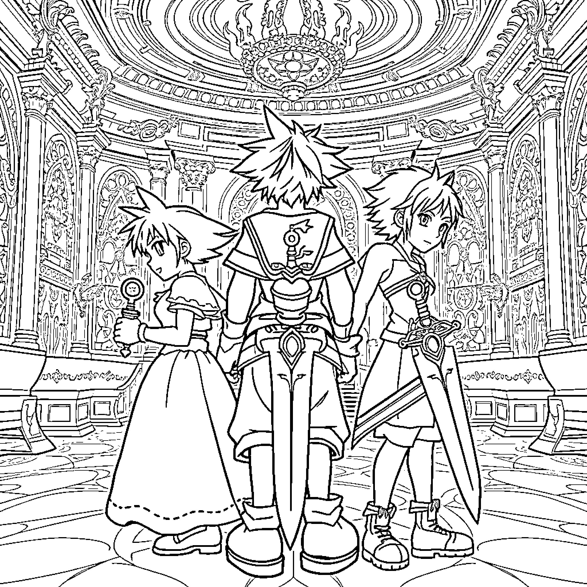 Kingdom Hearts: Heroes in Fantastical Attire Coloring Page (free black-and-white line drawing printable PDF for all, from beginners to advanced learners, including children, teens, adults, and seniors)