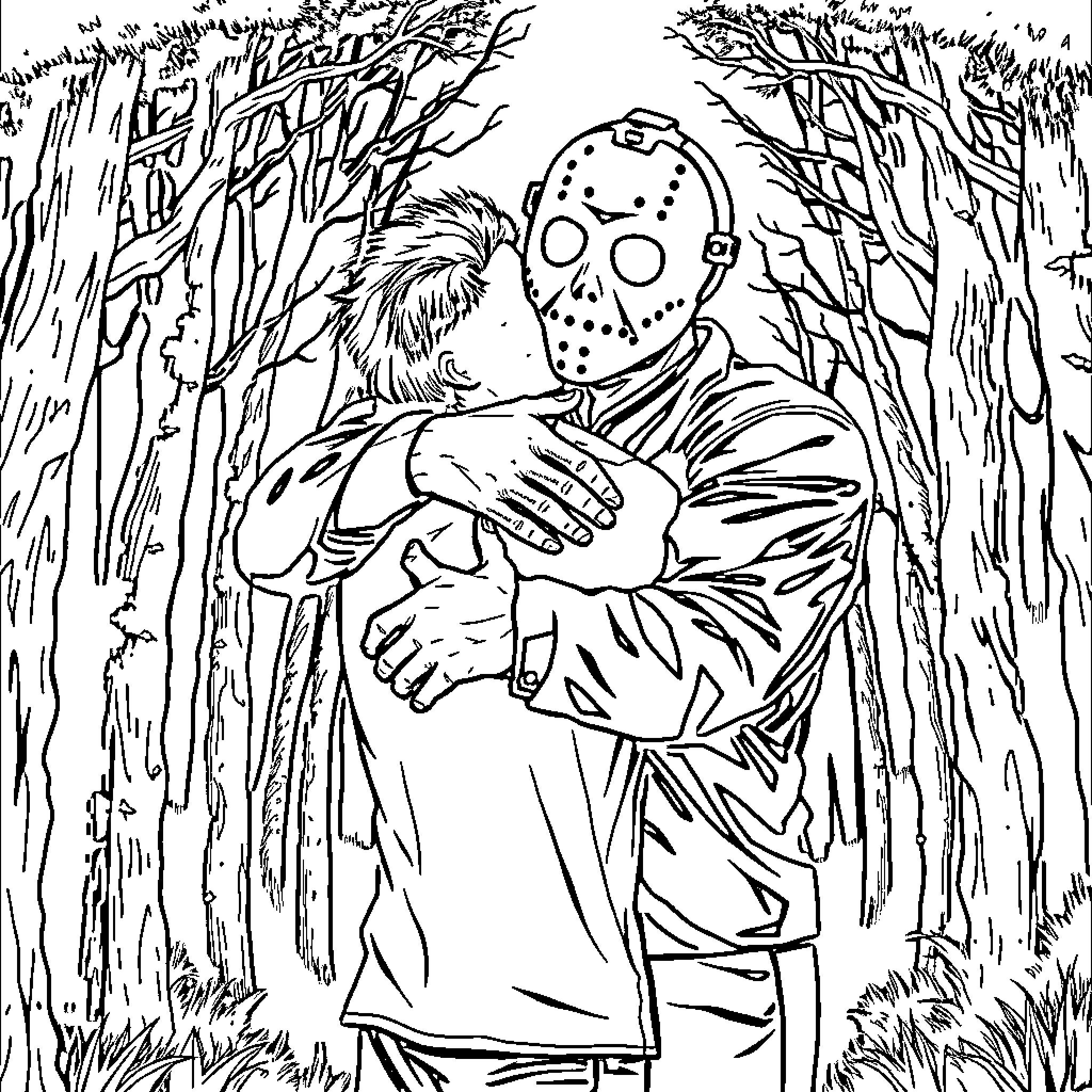 Michael Myers stalking victim in the woods Coloring Page (free black-and-white line drawing printable PDF for all, from beginners to advanced learners, including children, teens, adults, and seniors)
