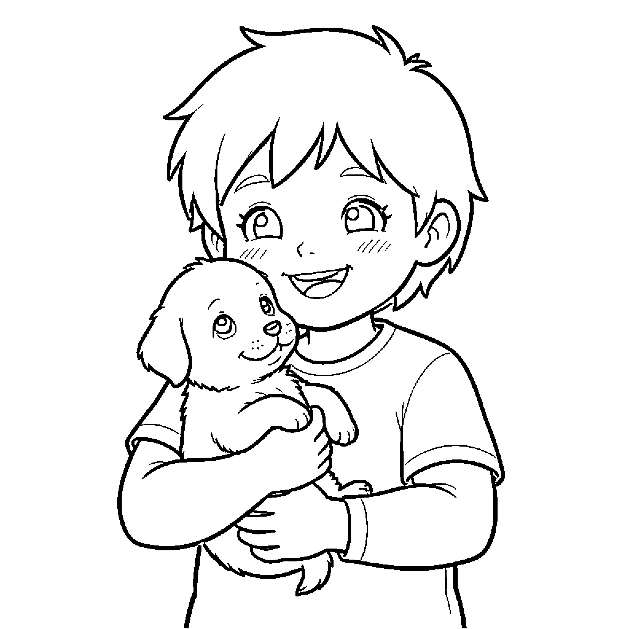 Kid smiling while hugging a cute puppy Coloring Page (free black-and-white line drawing printable PDF for all, from beginners to advanced learners, including children, teens, adults, and seniors)