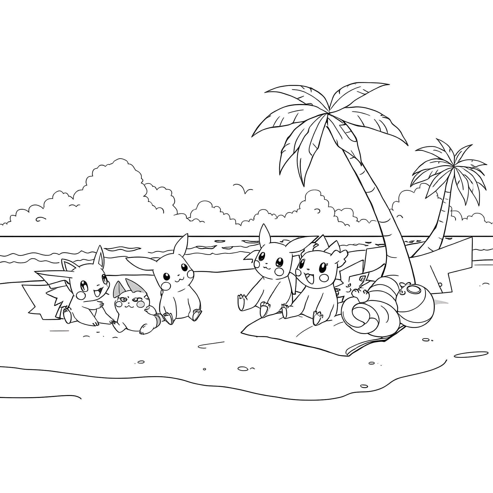 Pokémon characters playing at the beach Coloring Page (free black-and-white line drawing printable PDF for all, from beginners to advanced learners, including children, teens, adults, and seniors)