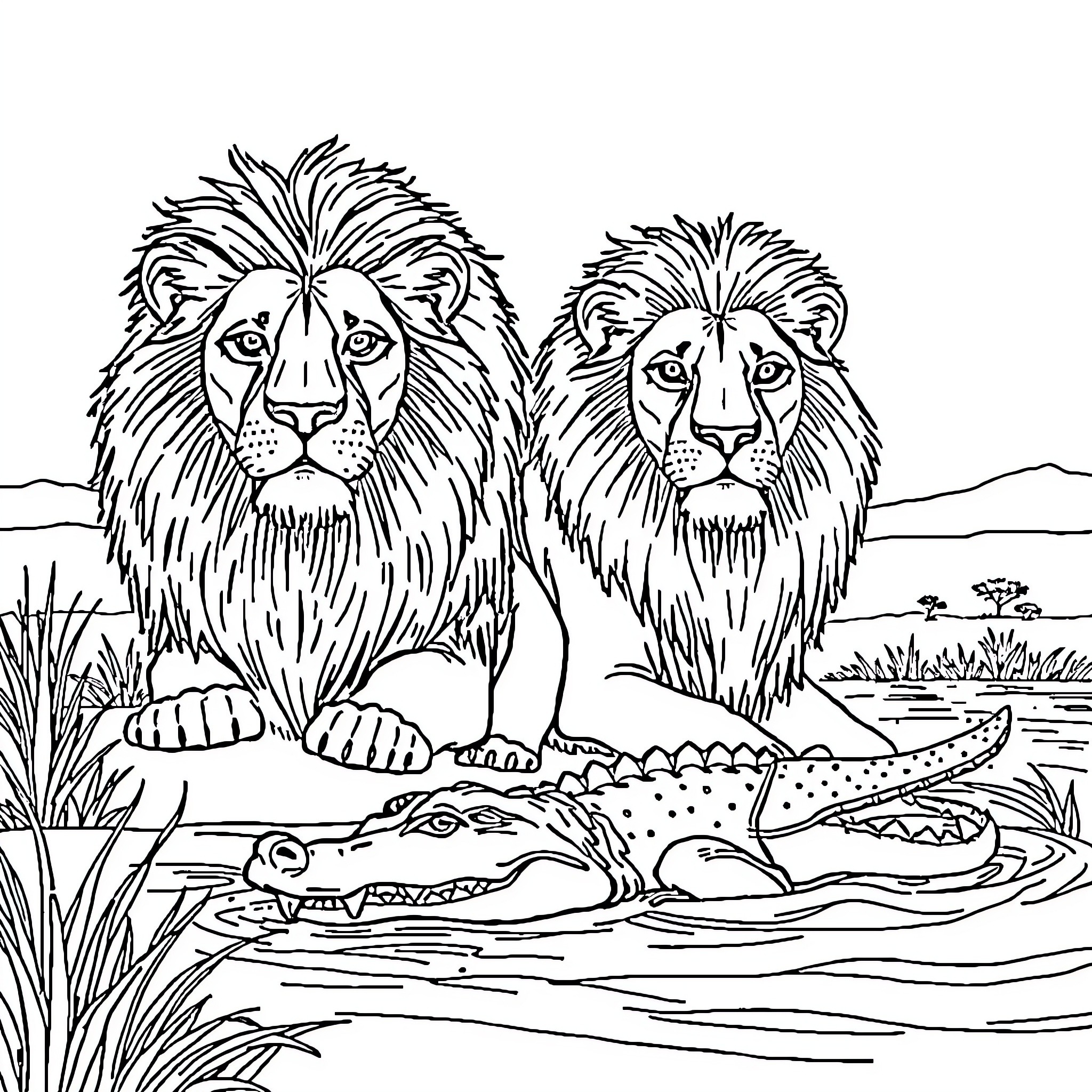 Lion siblings exploring the wild landscape Coloring Page (free black-and-white line drawing printable PDF for all, from beginners to advanced learners, including children, teens, adults, and seniors)