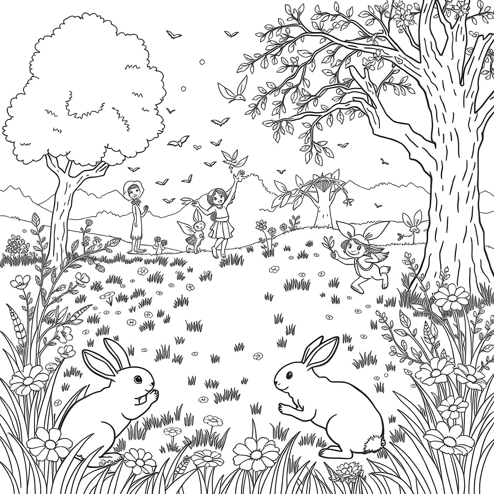 Rabbit friends in a whimsical forest landscape Coloring Page (free black-and-white line drawing printable PDF for all, from beginners to advanced learners, including children, teens, adults, and seniors)