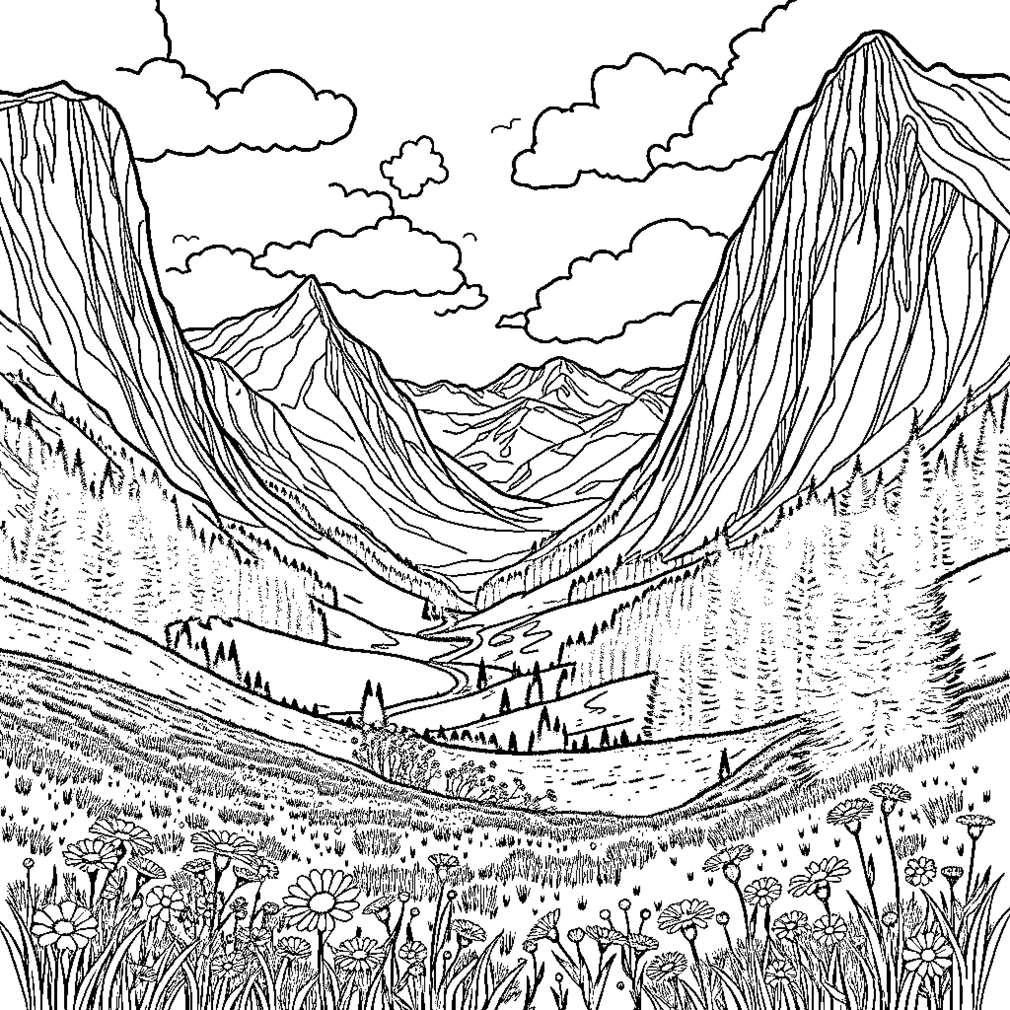 Valley of Majestic Mountains and Lush Flora Coloring Page (free black-and-white line drawing printable PDF for all, from beginners to advanced learners, including children, teens, adults, and seniors)