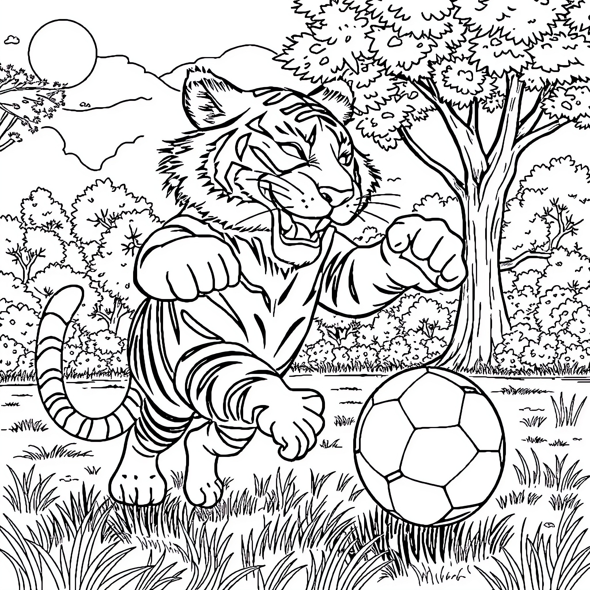 Tigre playing with soccer ball in the wild Coloring Page (free black-and-white line drawing printable PDF for all, from beginners to advanced learners, including children, teens, adults, and seniors)