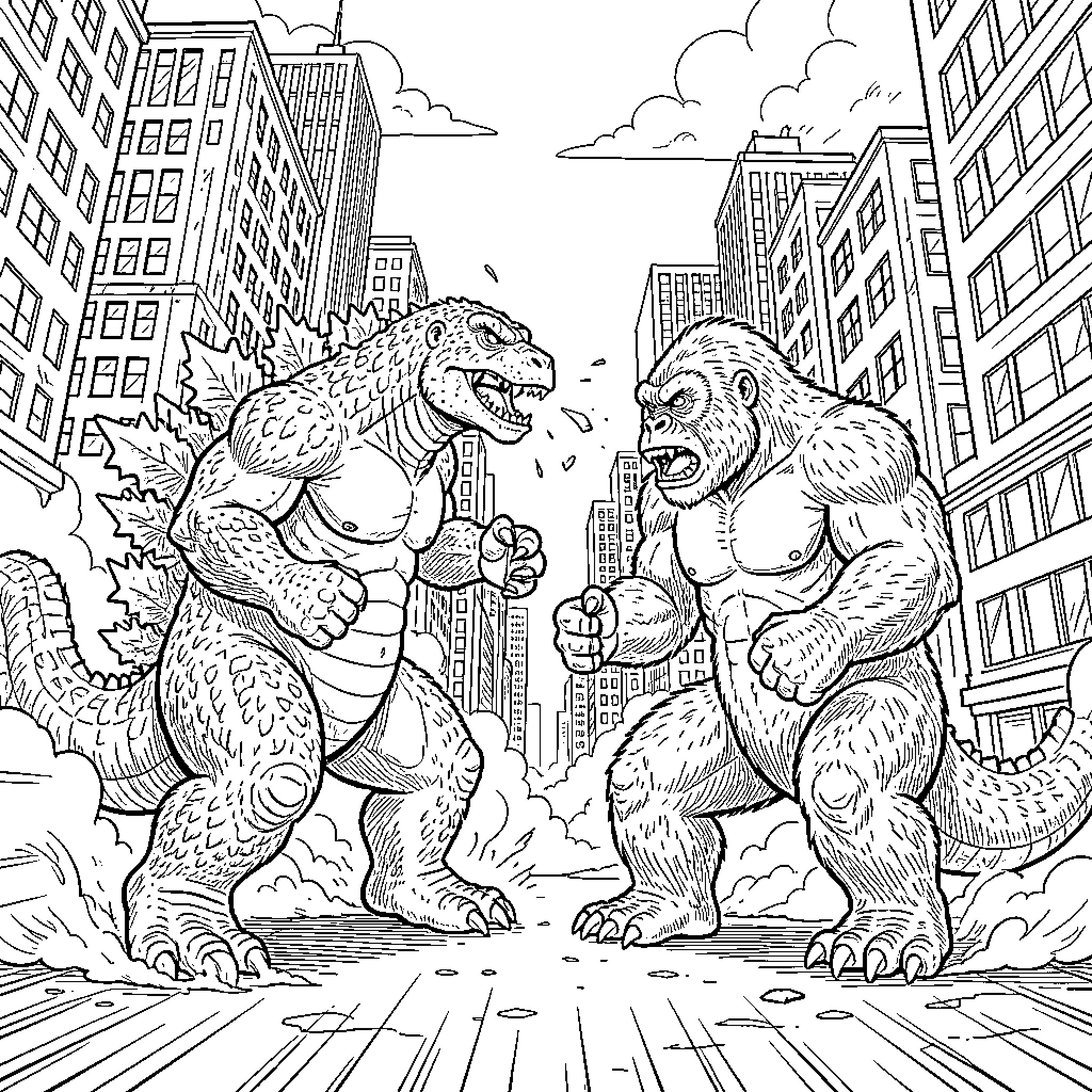 Godzilla and King Kong facing off in a city Coloring Page (free black-and-white line drawing printable PDF for all, from beginners to advanced learners, including children, teens, adults, and seniors)