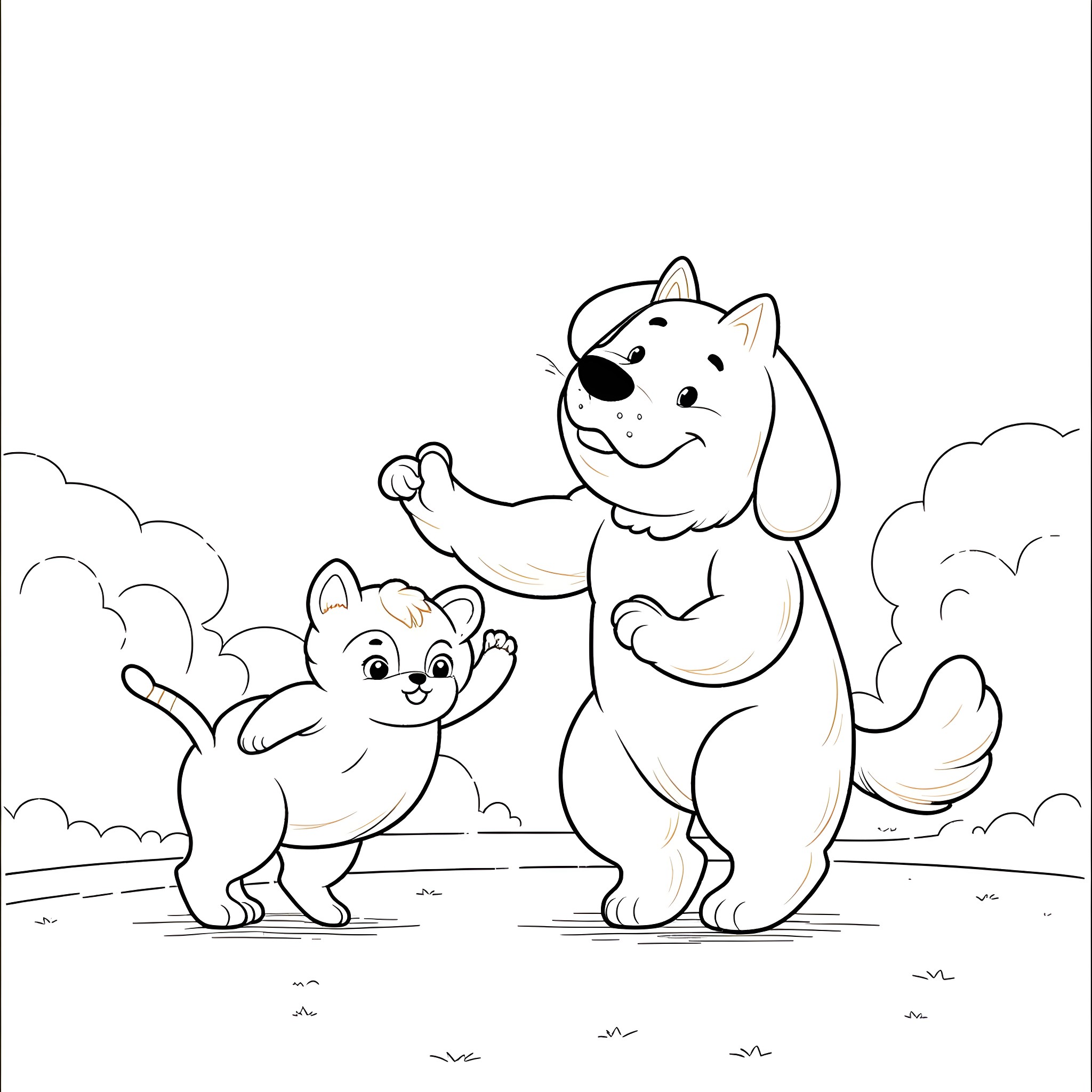Dogman and puppy playing joyfully in the park Coloring Page (free black-and-white line drawing printable PDF for all, from beginners to advanced learners, including children, teens, adults, and seniors)