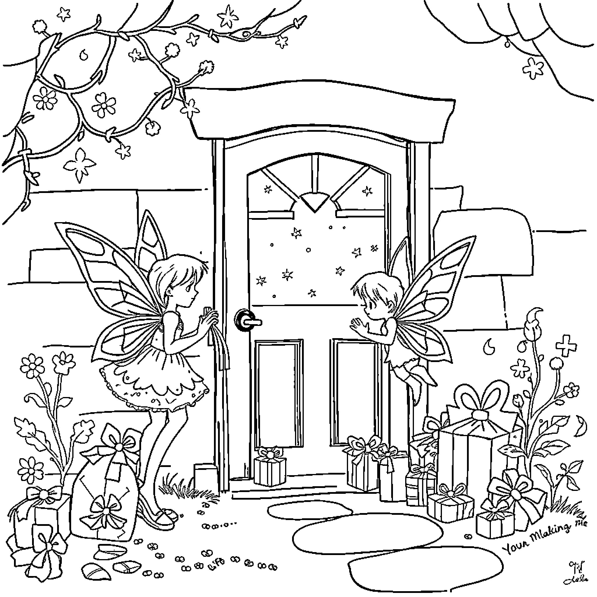 Fairy Fairies Celebrating at Enchanted Doorway Coloring Page (free black-and-white line drawing printable PDF for all, from beginners to advanced learners, including children, teens, adults, and seniors)