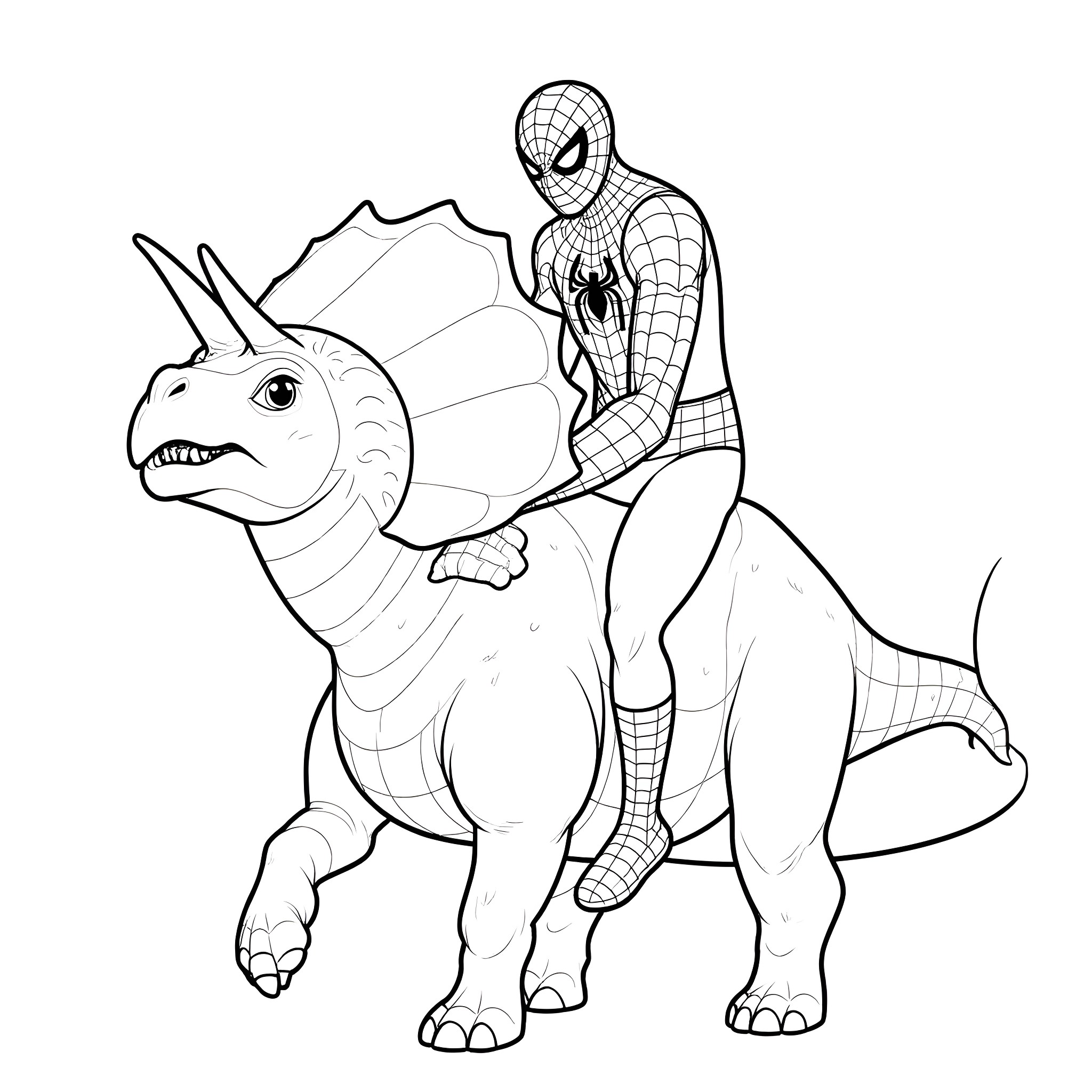 Spider-Man riding on a friendly dinosaur Coloring Page (free black-and-white line drawing printable PDF for all, from beginners to advanced learners, including children, teens, adults, and seniors)