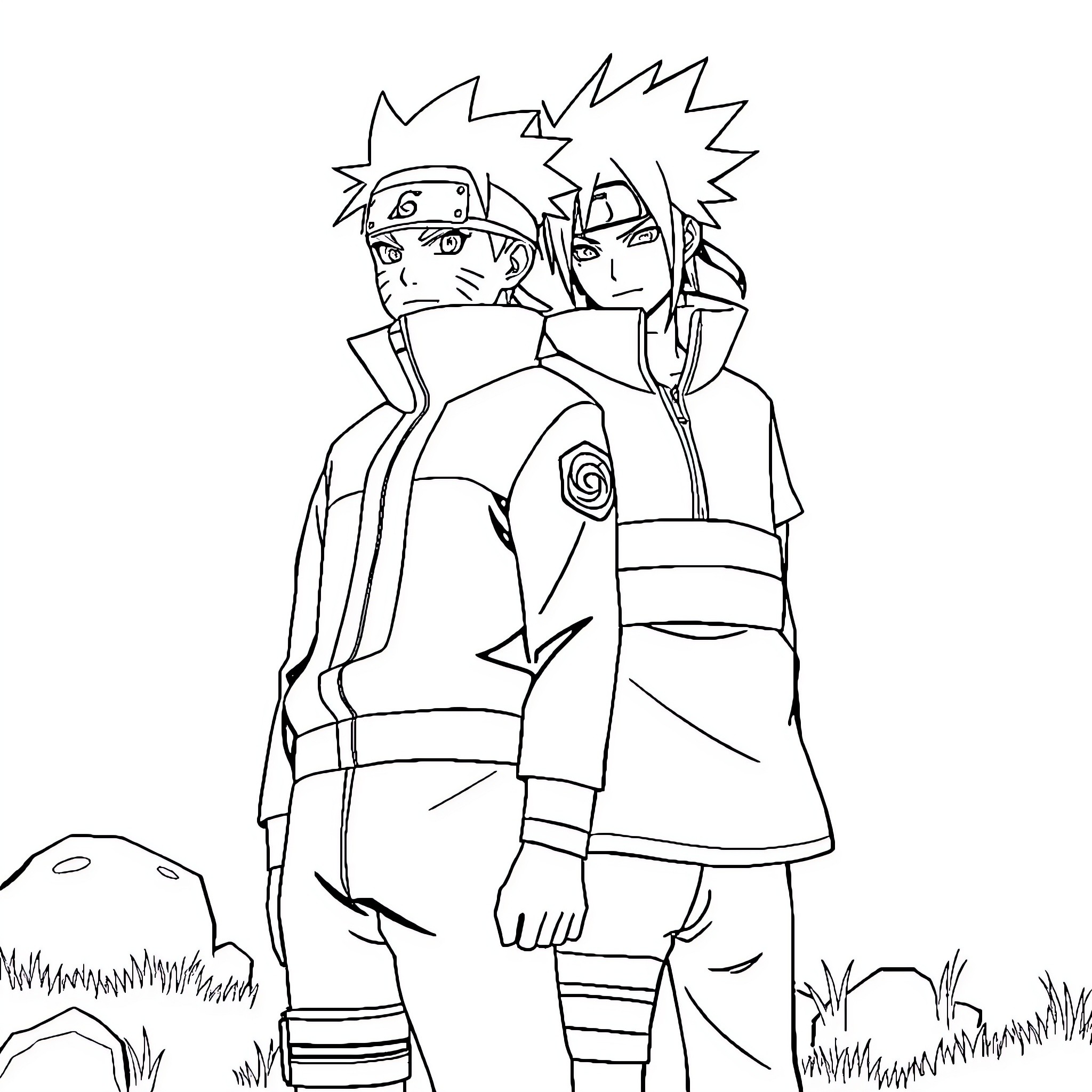 Naruto and Sasuke in Intense Conversation Coloring Page (free black-and-white line drawing printable PDF for all, from beginners to advanced learners, including children, teens, adults, and seniors)