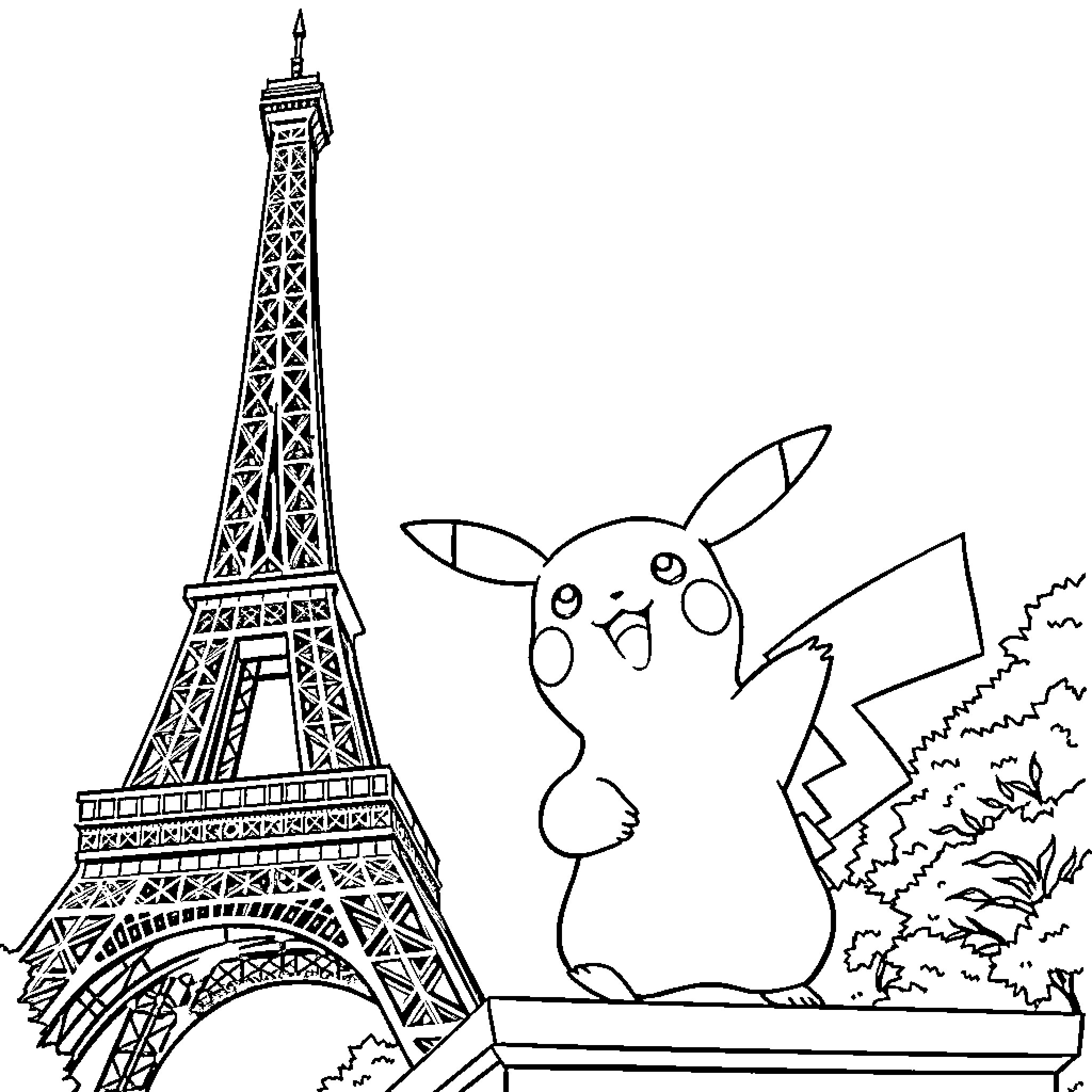 Pikachu exploring the Eiffel Tower Coloring Page (free black-and-white line drawing printable PDF for all, from beginners to advanced learners, including children, teens, adults, and seniors)