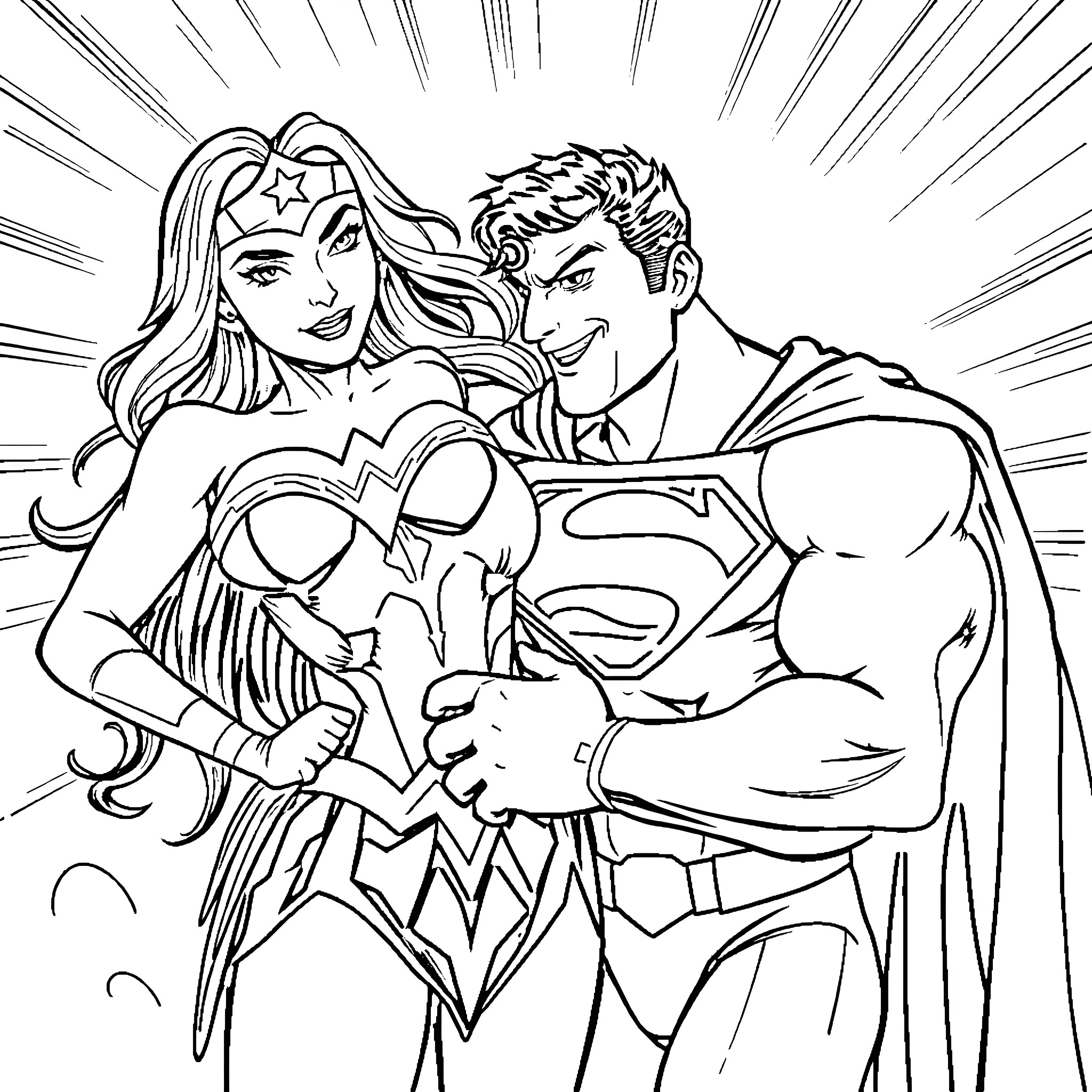 Wonder Woman and Superman in heroic embrace Coloring Page (free black-and-white line drawing printable PDF for all, from beginners to advanced learners, including children, teens, adults, and seniors)
