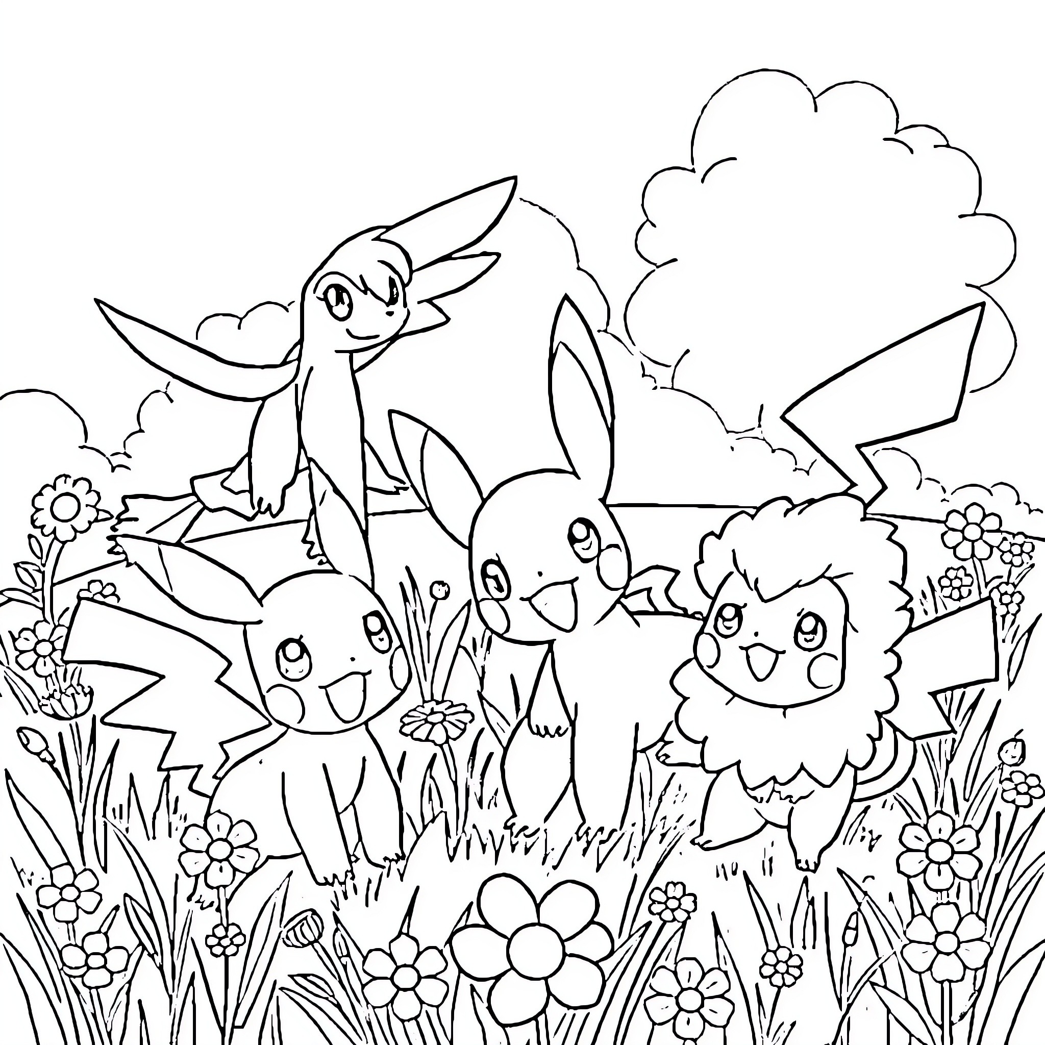 Pokémon characters playing in a colorful meadow Coloring Page (free black-and-white line drawing printable PDF for all, from beginners to advanced learners, including children, teens, adults, and seniors)