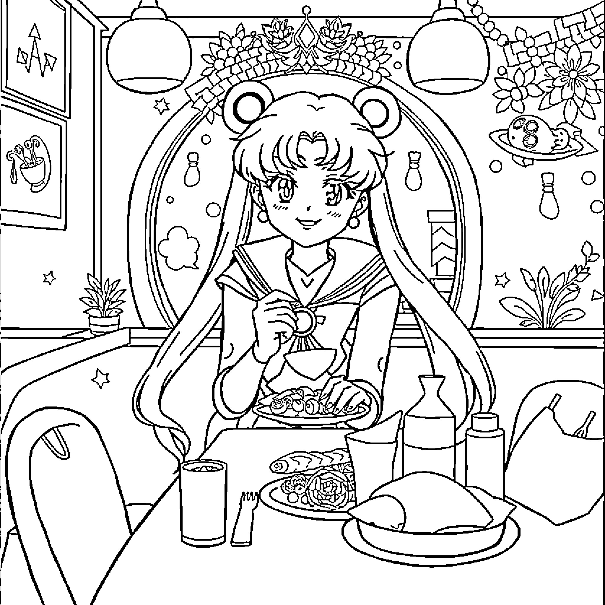 Sailormoon enjoying a cozy meal at home Coloring Page (free black-and-white line drawing printable PDF for all, from beginners to advanced learners, including children, teens, adults, and seniors)