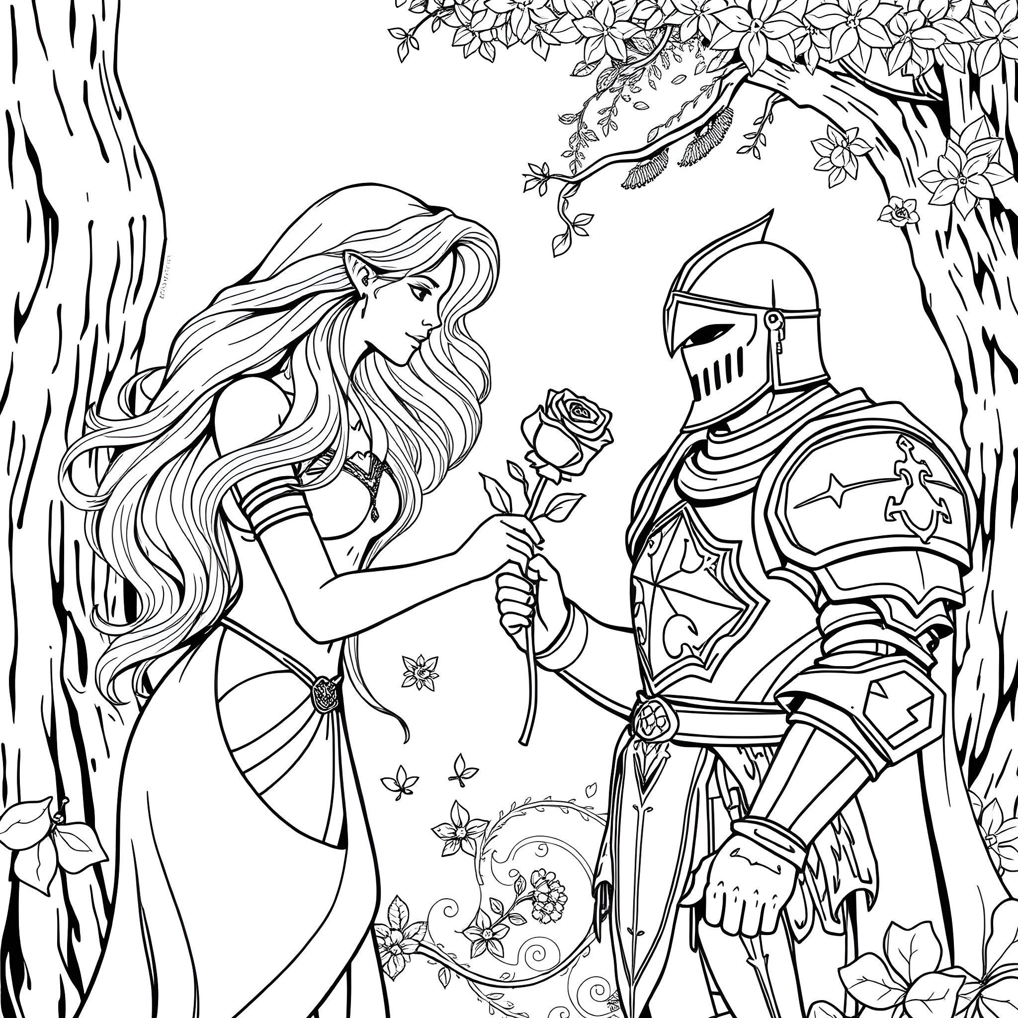Dryad offering a rose to an armored knight in the forest Coloring Page (free black-and-white line drawing printable PDF for all, from beginners to advanced learners, including children, teens, adults, and seniors)