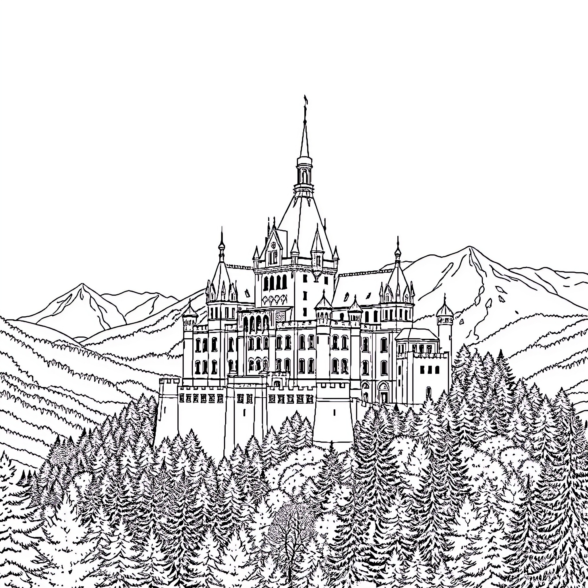 Castle in a Majestic Mountain Landscape Coloring Page (free black-and-white line drawing printable PDF for all, from beginners to advanced learners, including children, teens, adults, and seniors)