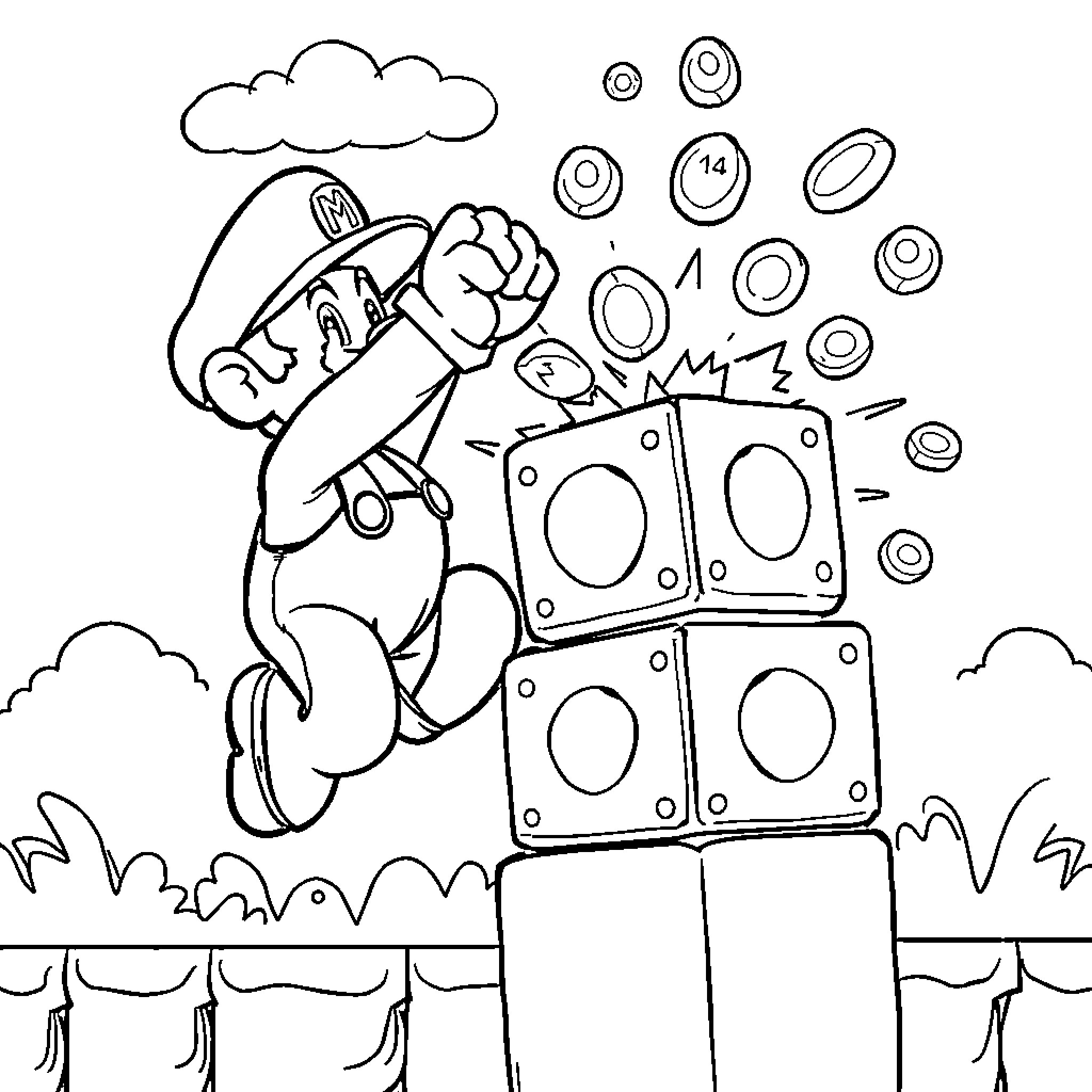 Mario jumping with excitement over obstacles Coloring Page (free black-and-white line drawing printable PDF for all, from beginners to advanced learners, including children, teens, adults, and seniors)