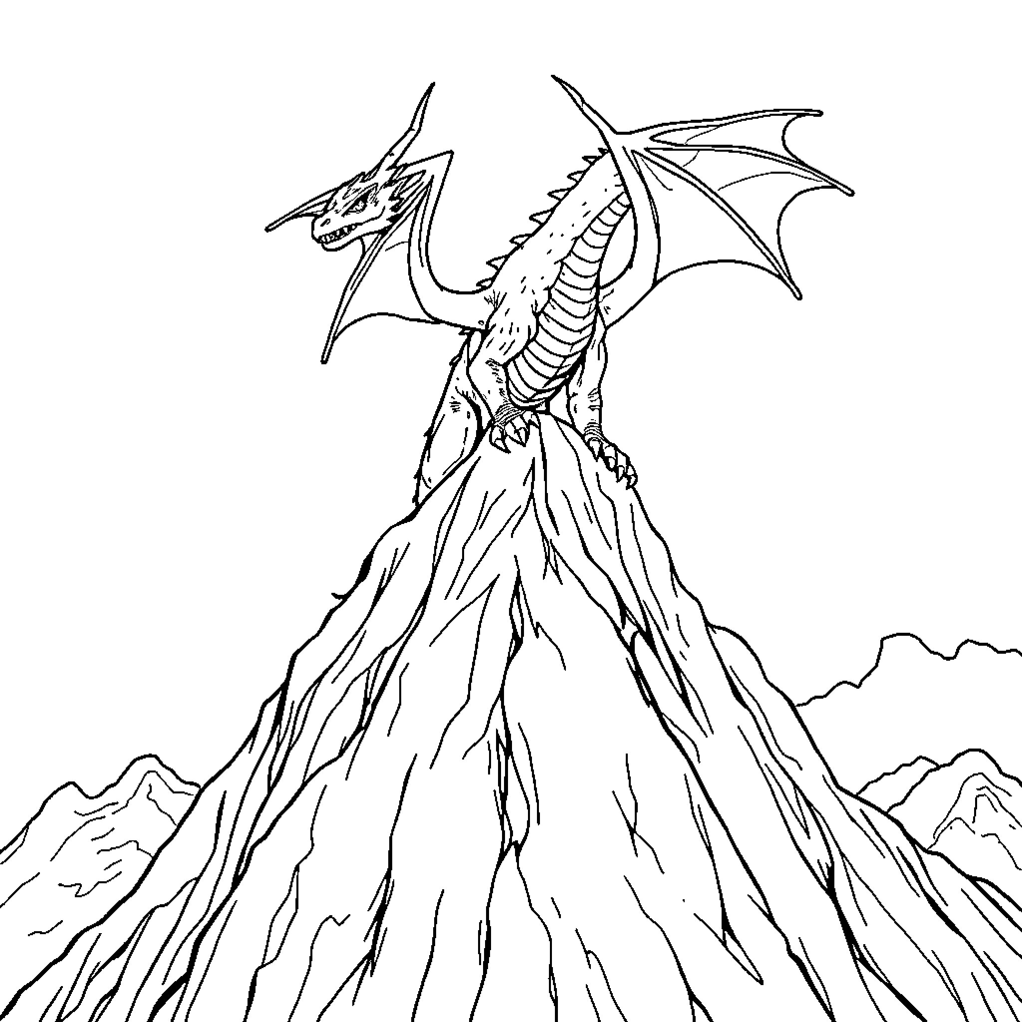 Dragon soaring over majestic mountain peaks Coloring Page (free black-and-white line drawing printable PDF for all, from beginners to advanced learners, including children, teens, adults, and seniors)