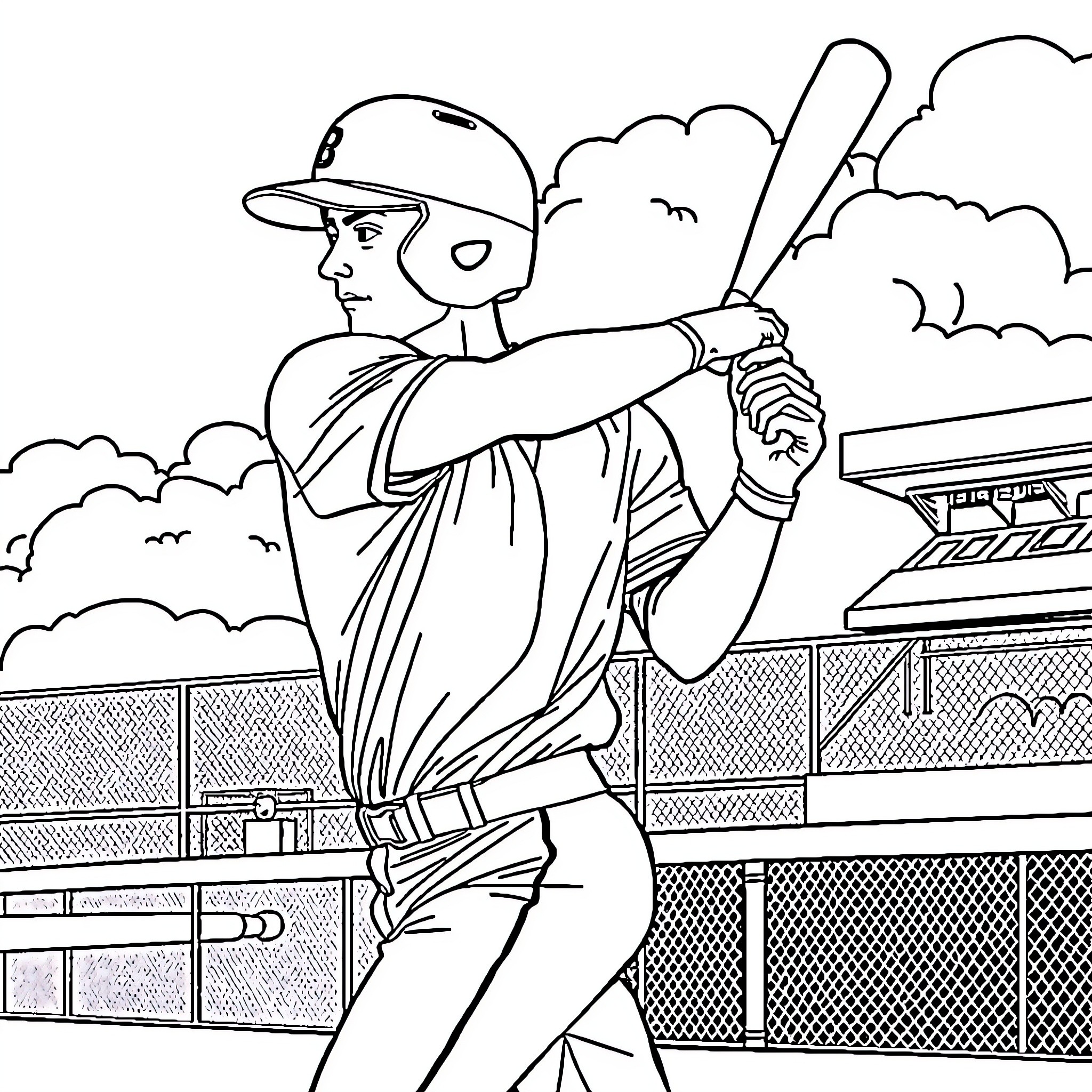 Baseball Player Batting at the Plate Coloring Page (free black-and-white line drawing printable PDF for all, from beginners to advanced learners, including children, teens, adults, and seniors)