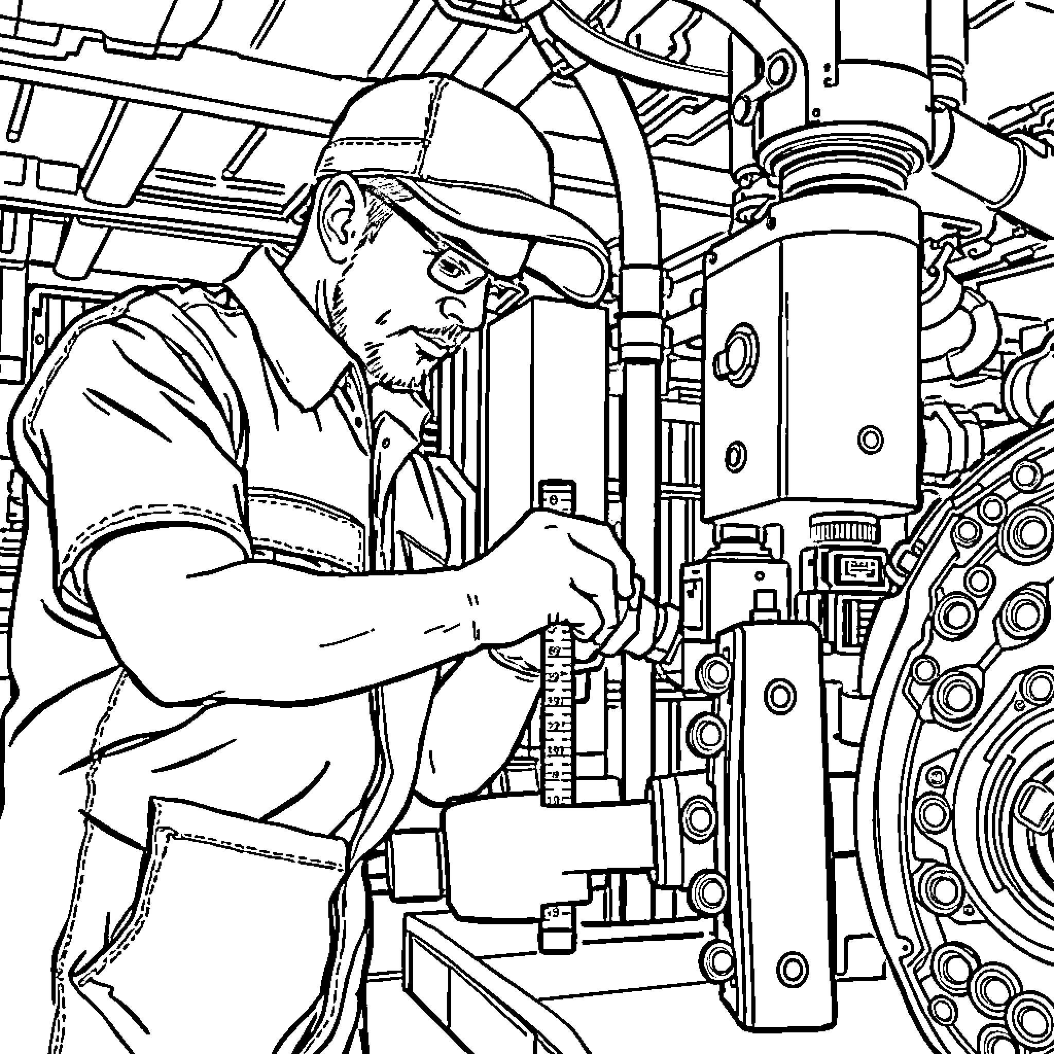 Axle Mechanic Working on Industrial Equipment Coloring Page (free black-and-white line drawing printable PDF for all, from beginners to advanced learners, including children, teens, adults, and seniors)