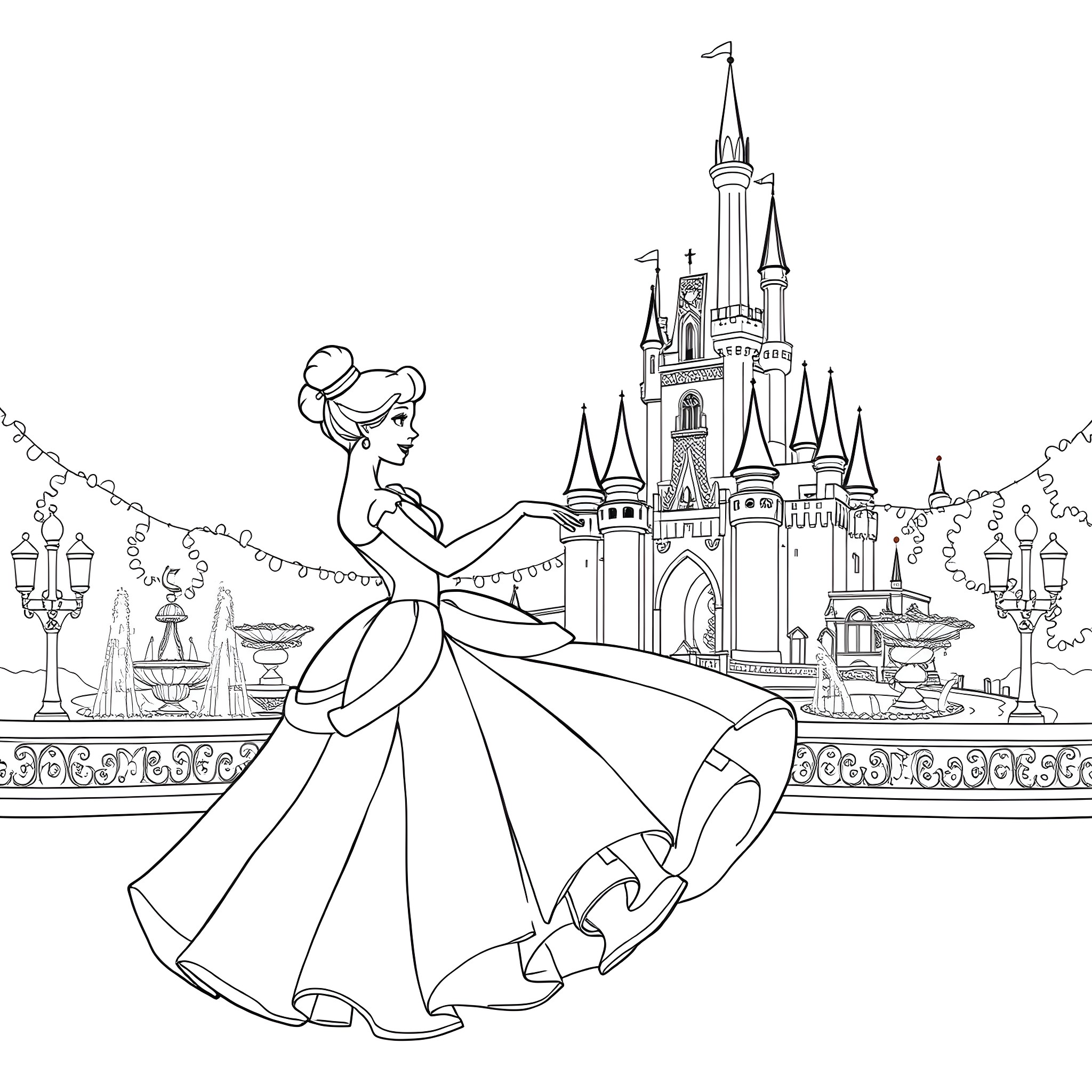 Cinderella dancing in front of a magical castle Coloring Page (free black-and-white line drawing printable PDF for all, from beginners to advanced learners, including children, teens, adults, and seniors)