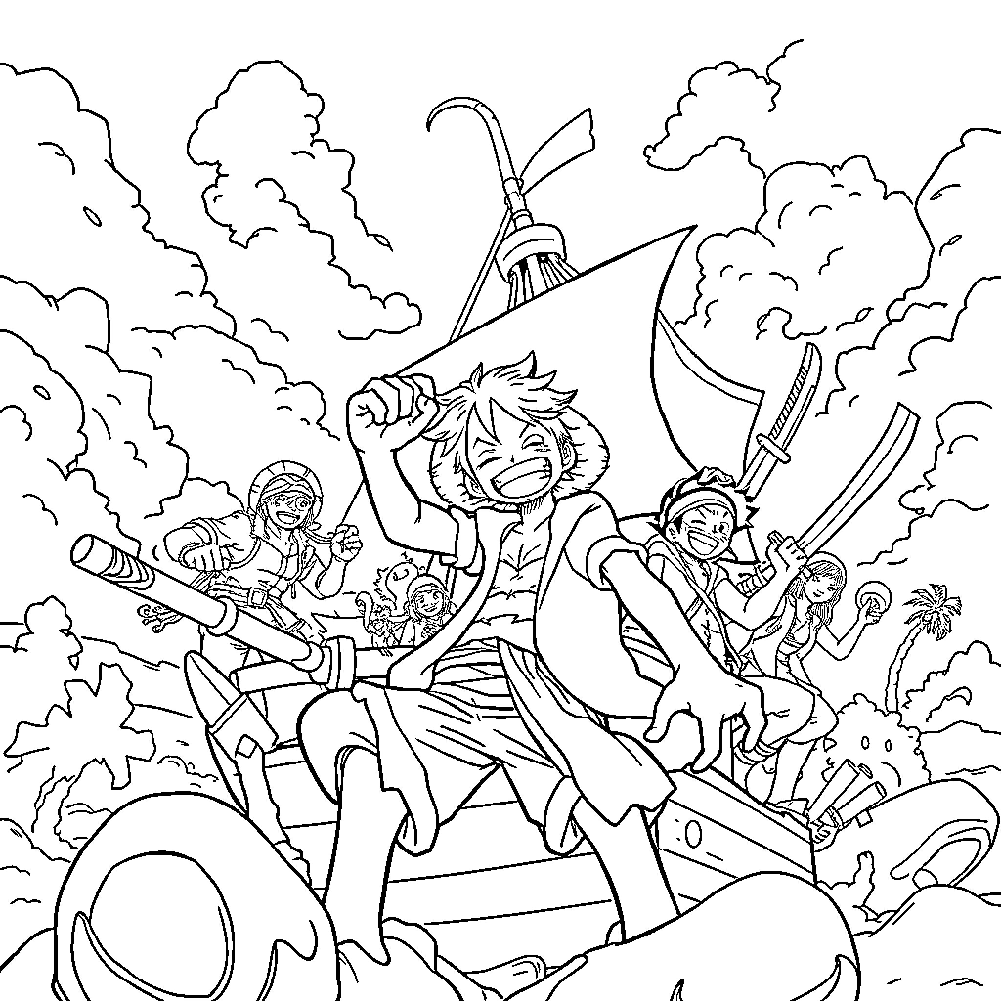 One Piece Adventurous Crew in Animated Action Coloring Page (free black-and-white line drawing printable PDF for all, from beginners to advanced learners, including children, teens, adults, and seniors)