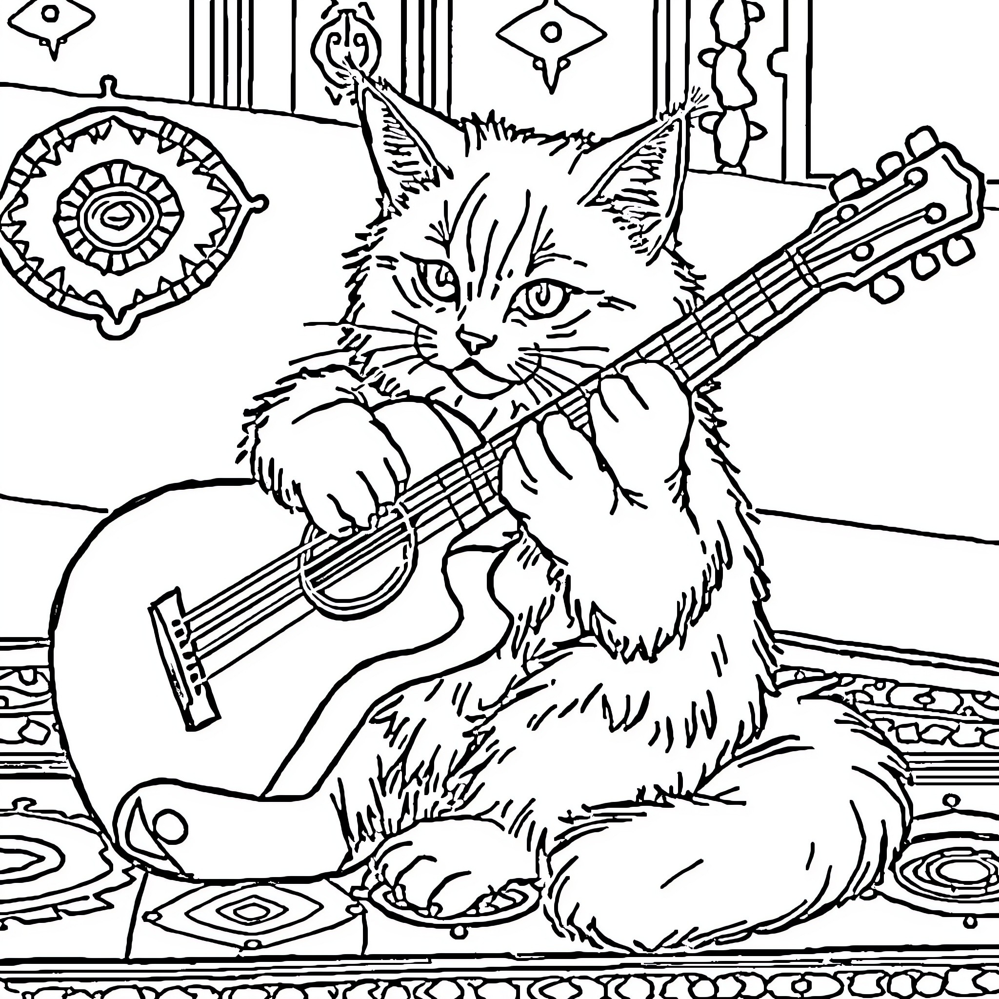 Birman Cat Playing Guitar in Decorative Room Coloring Page (free black-and-white line drawing printable PDF for all, from beginners to advanced learners, including children, teens, adults, and seniors)