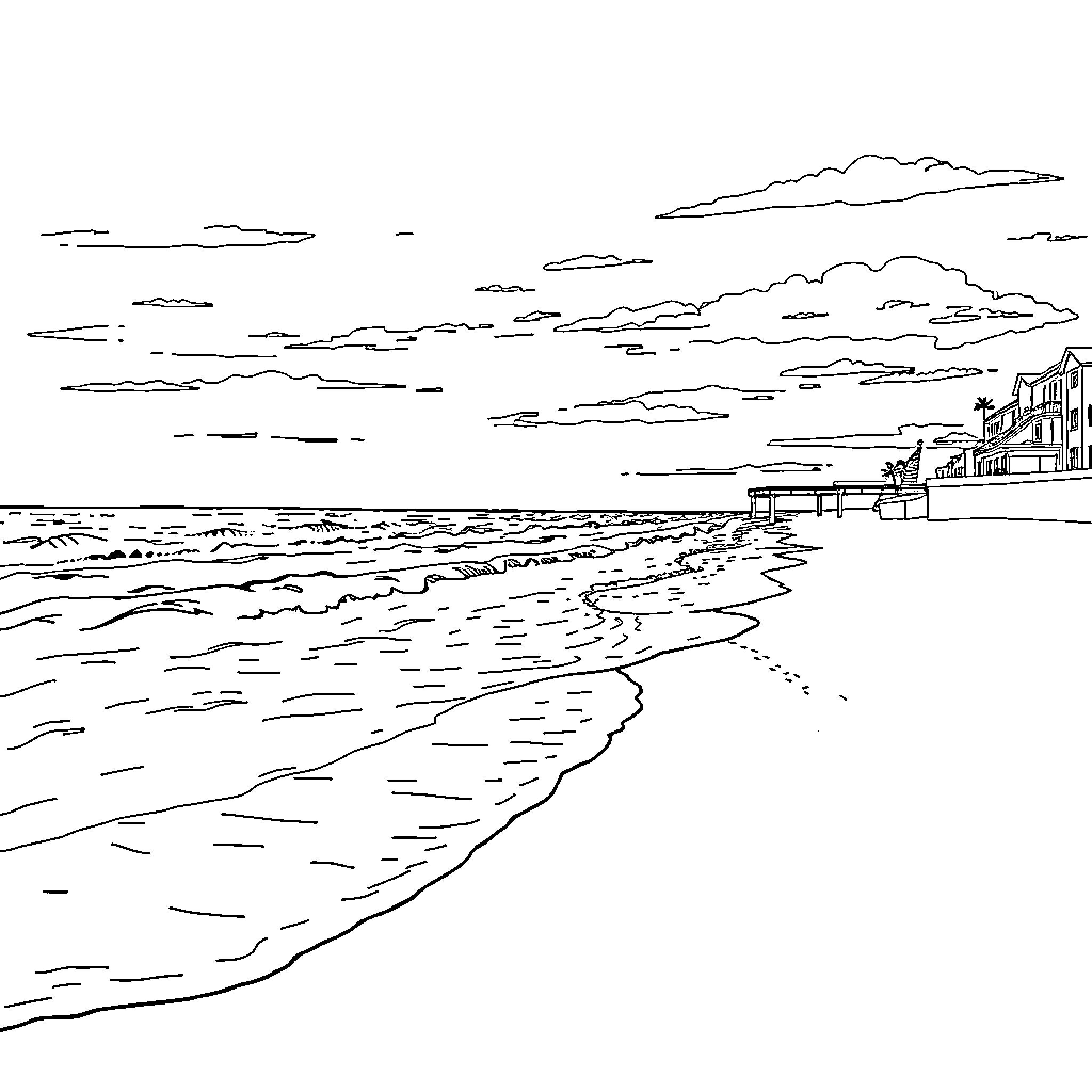 Ocean scenery with coastal buildings Coloring Page (free black-and-white line drawing printable PDF for all, from beginners to advanced learners, including children, teens, adults, and seniors)