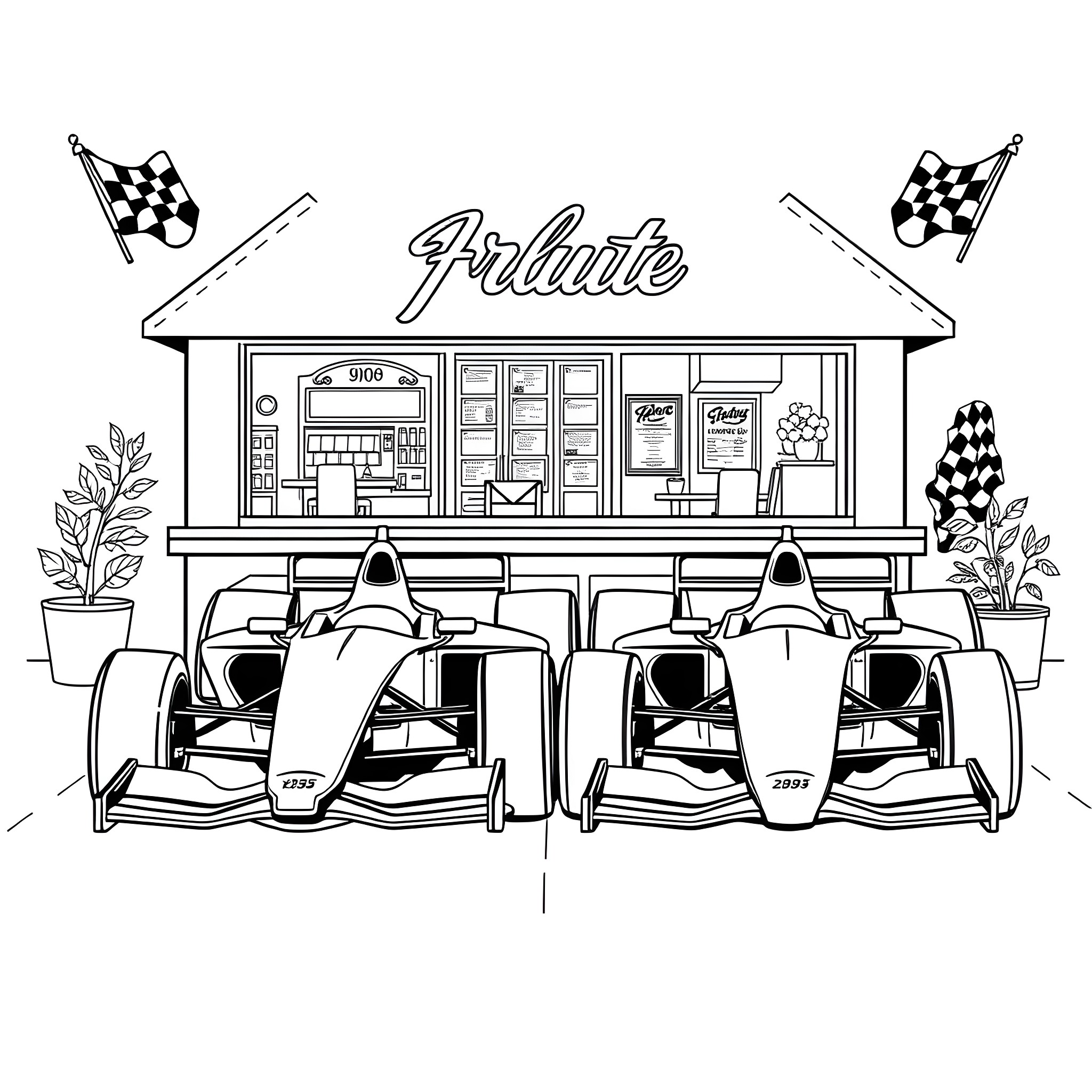 Formula One Cars Parked Outside Race Shop Coloring Page (free black-and-white line drawing printable PDF for all, from beginners to advanced learners, including children, teens, adults, and seniors)