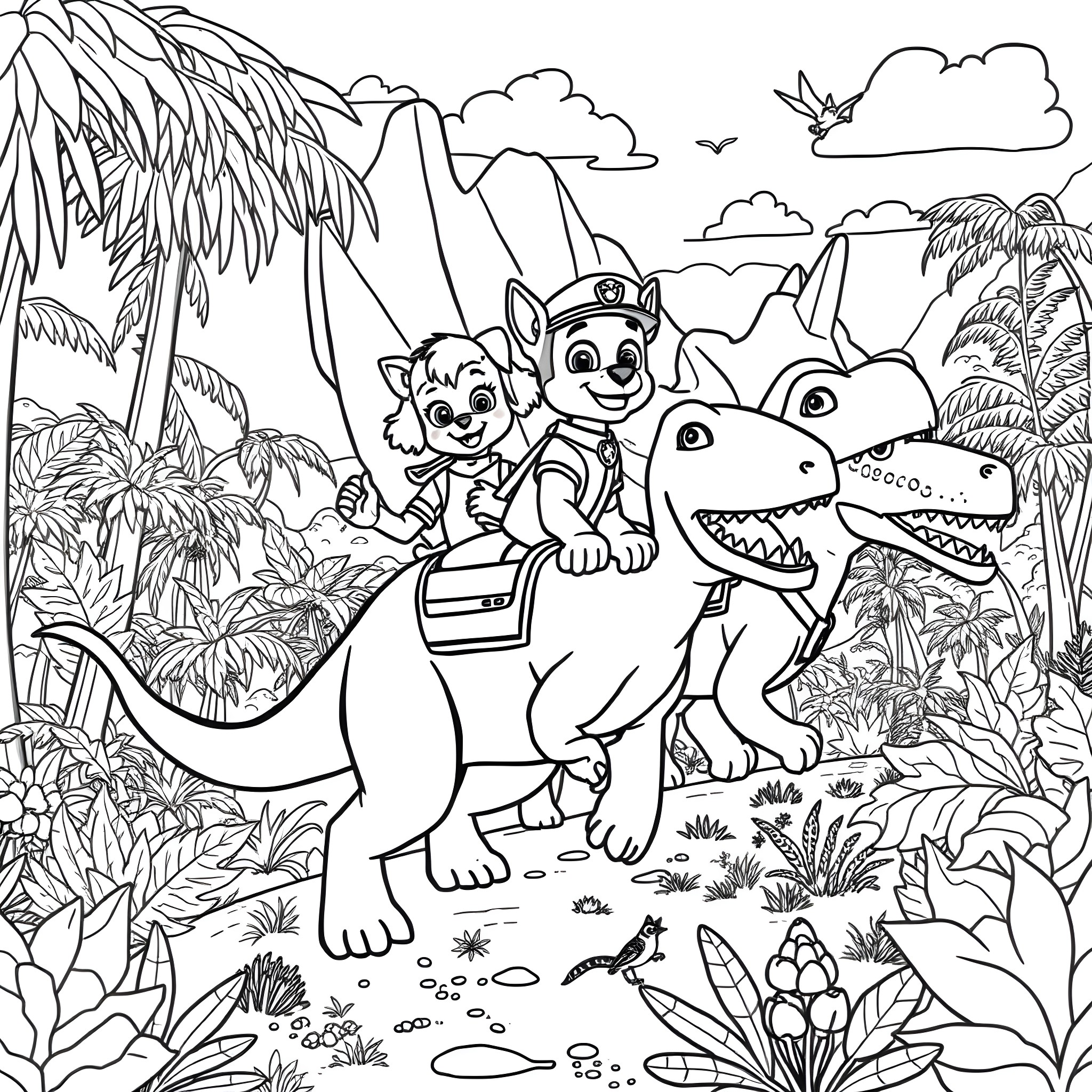 Paw Patrol exploring the jungle with dinosaur friends Coloring Page (free black-and-white line drawing printable PDF for all, from beginners to advanced learners, including children, teens, adults, and seniors)